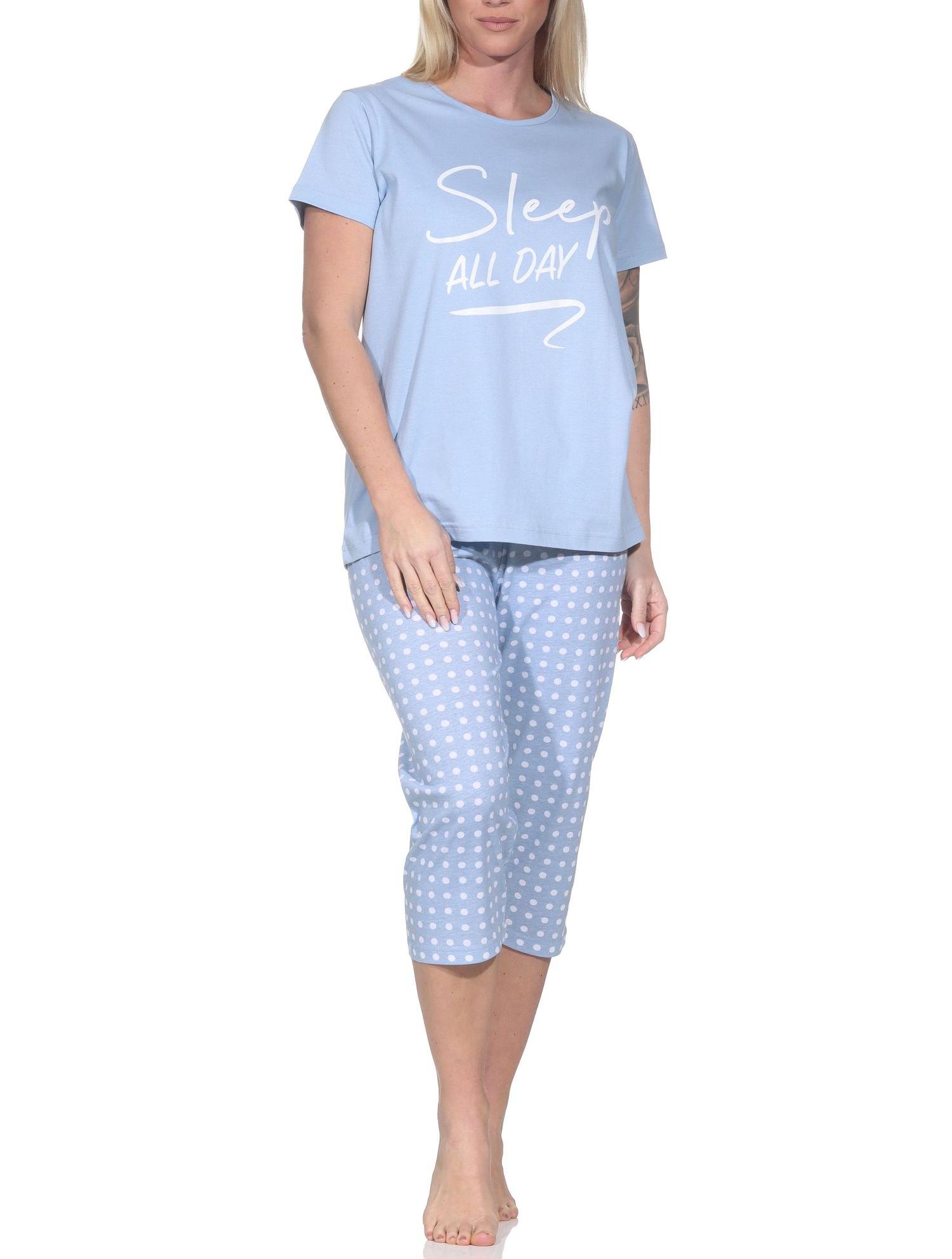 Normann Damen Schlafanzug kurzarm Pyjama mit Capri-Pyjamahose in gepunkteter Optik