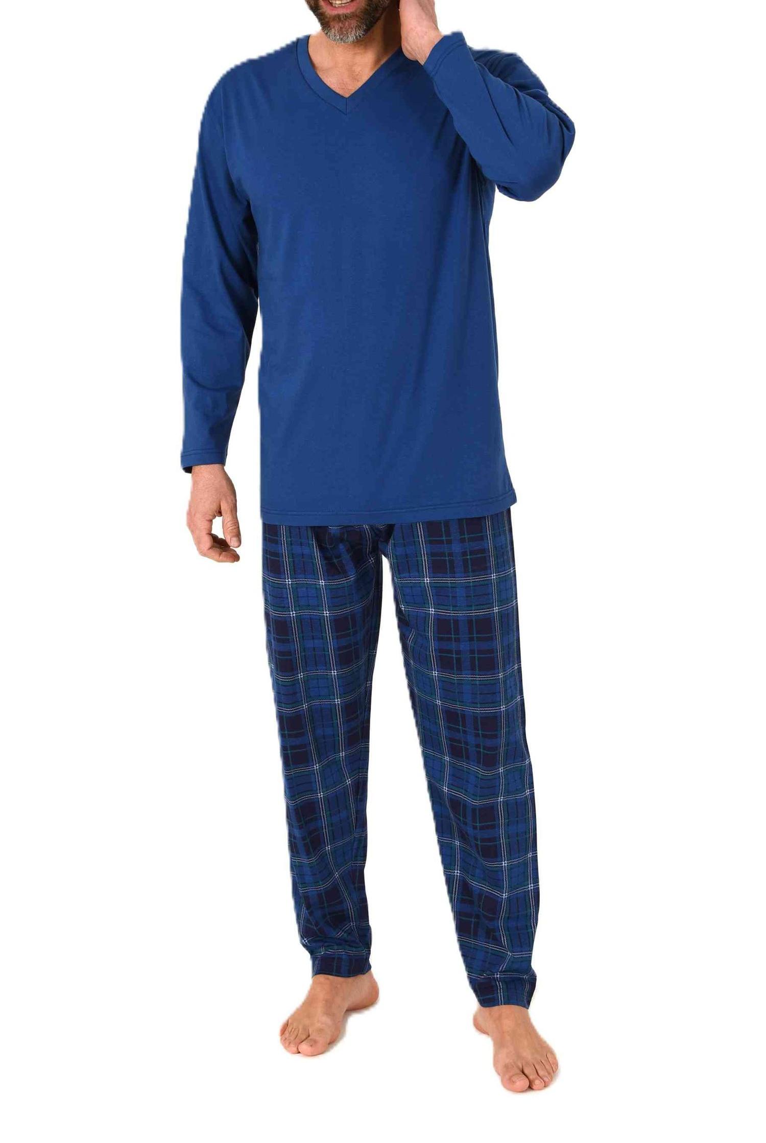 Normann Herren Schlafanzug langarm mit Jersey Pyjama Hose in karierter Optik