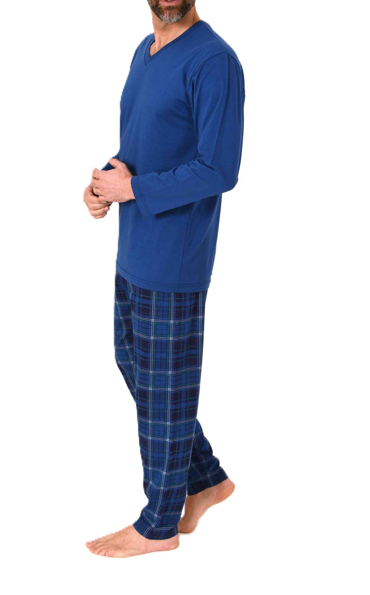 Normann Herren Schlafanzug langarm mit Jersey Pyjama Hose in karierter Optik