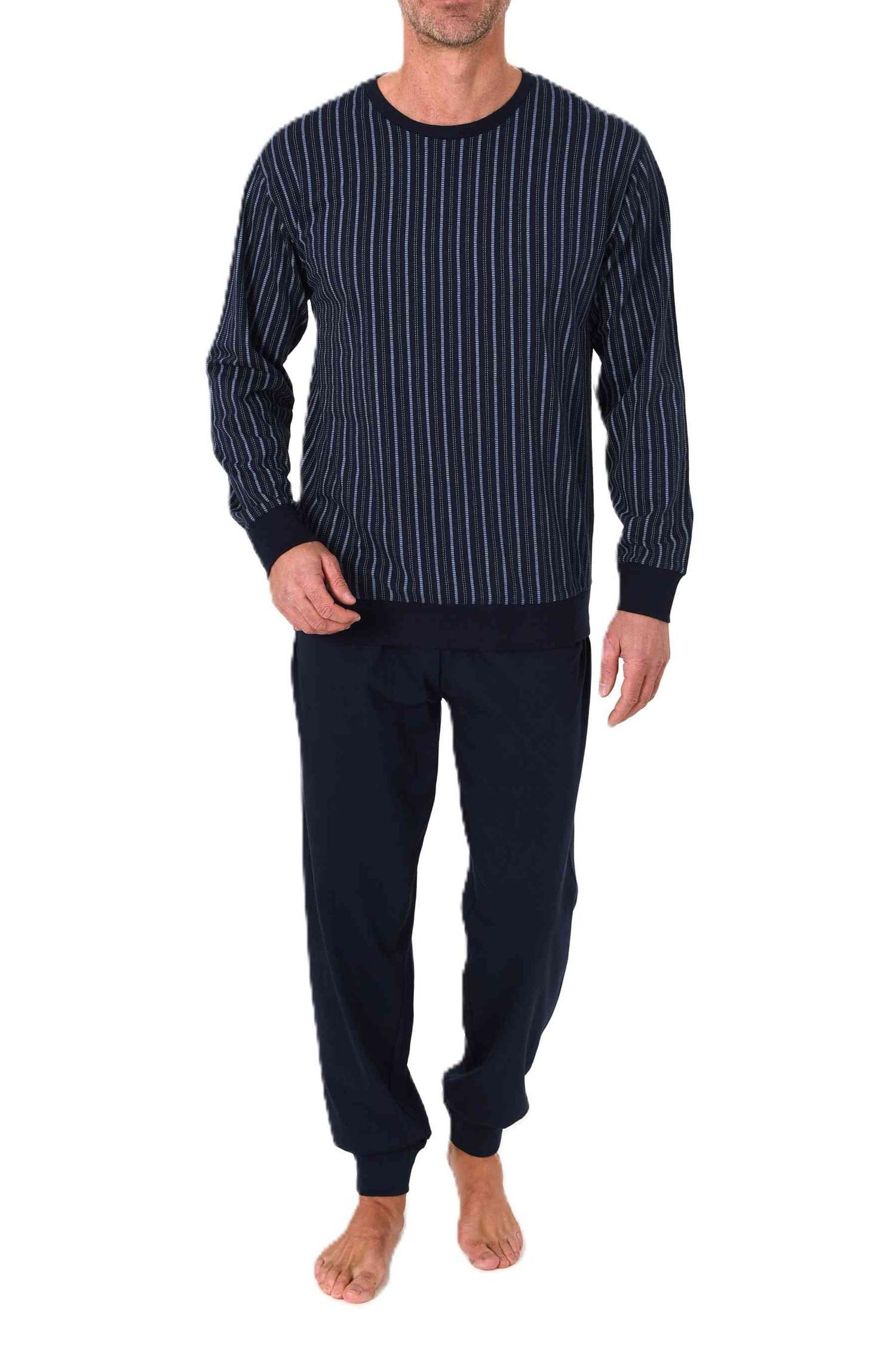 Normann Herren Schlafanzug langarm Pyjama mit Bündchen in zeitloser Minimal Print Optik