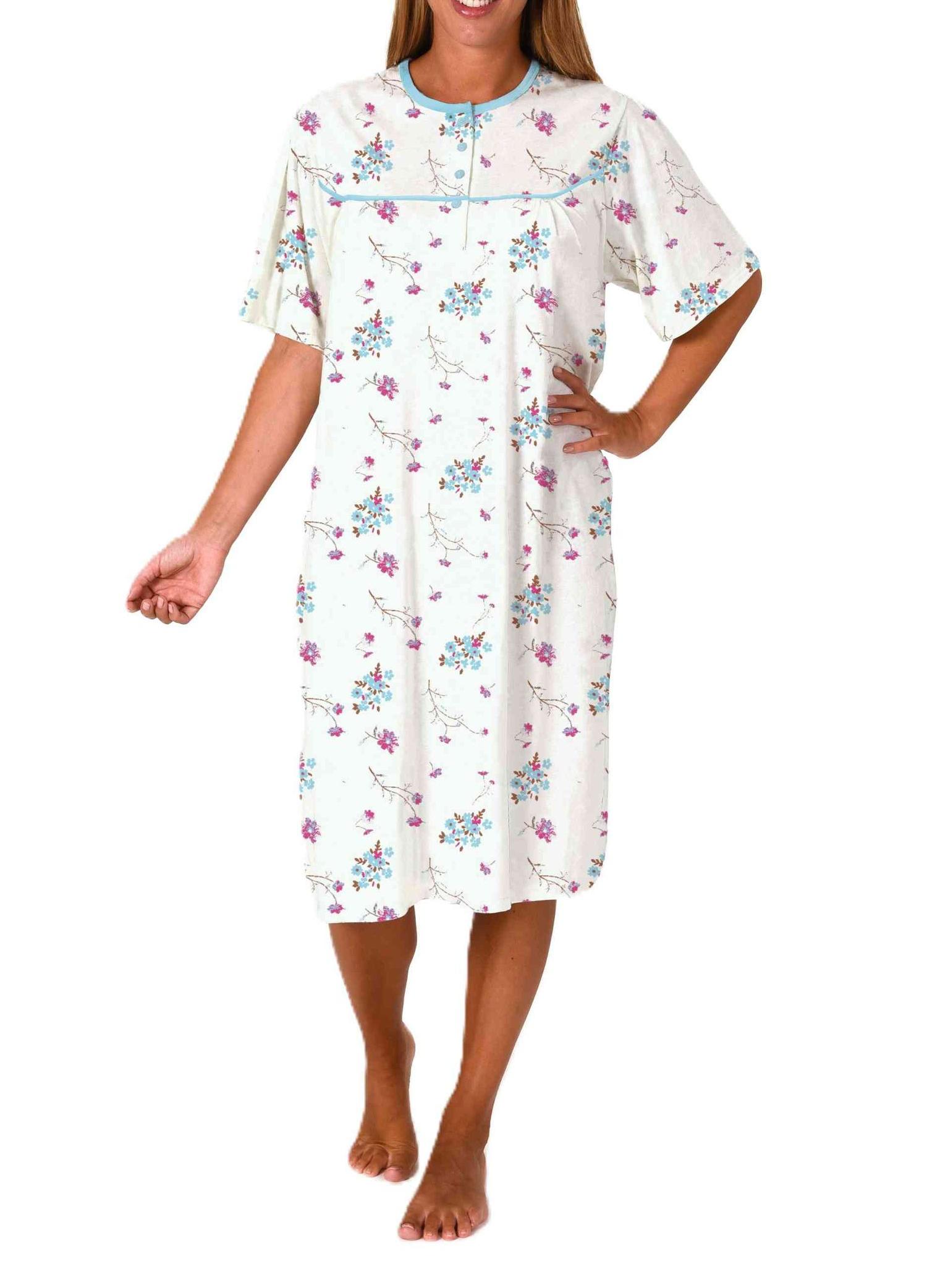 Klassisches Damen Nachthemd kurzarm fraulich – 105 cm lang mit Knopfleiste am Hals