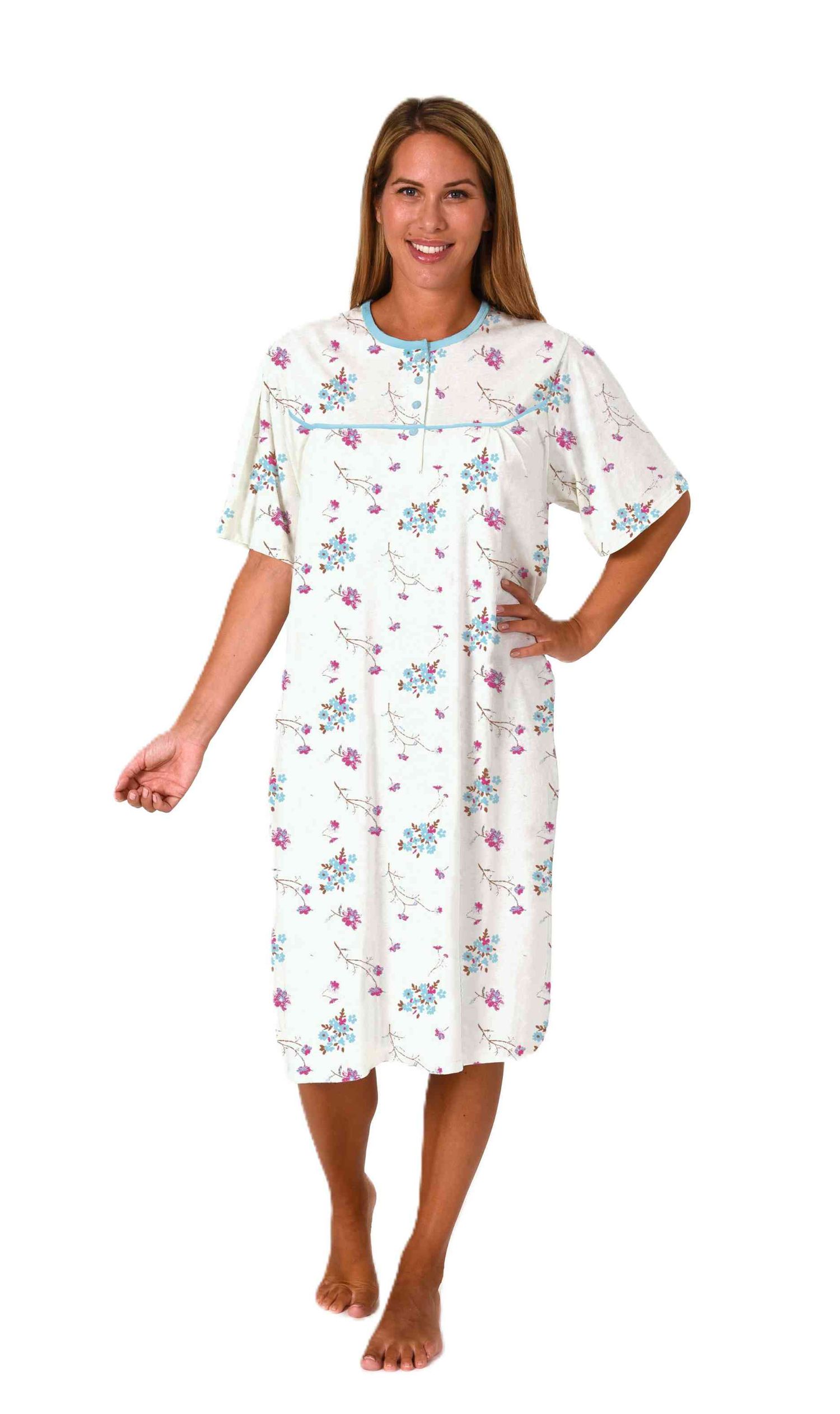 Klassisches Damen Nachthemd kurzarm fraulich – 105 cm lang mit Knopfleiste am Hals