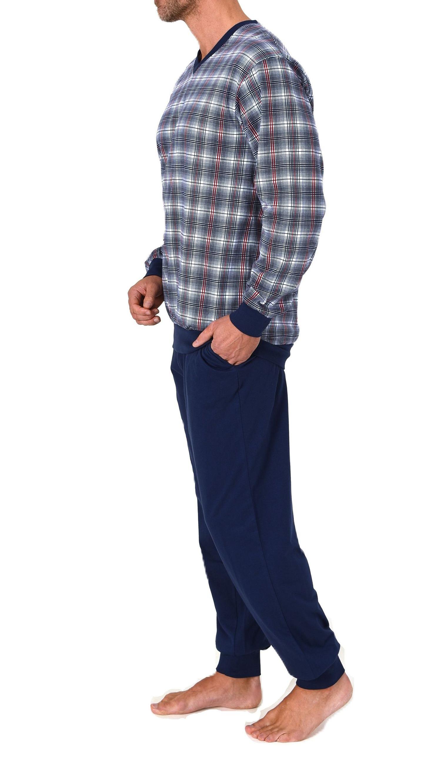Normann Herren langarm Schlafanzug mit Bündchen und V-Hals – Pyjama auch in Übergrößen