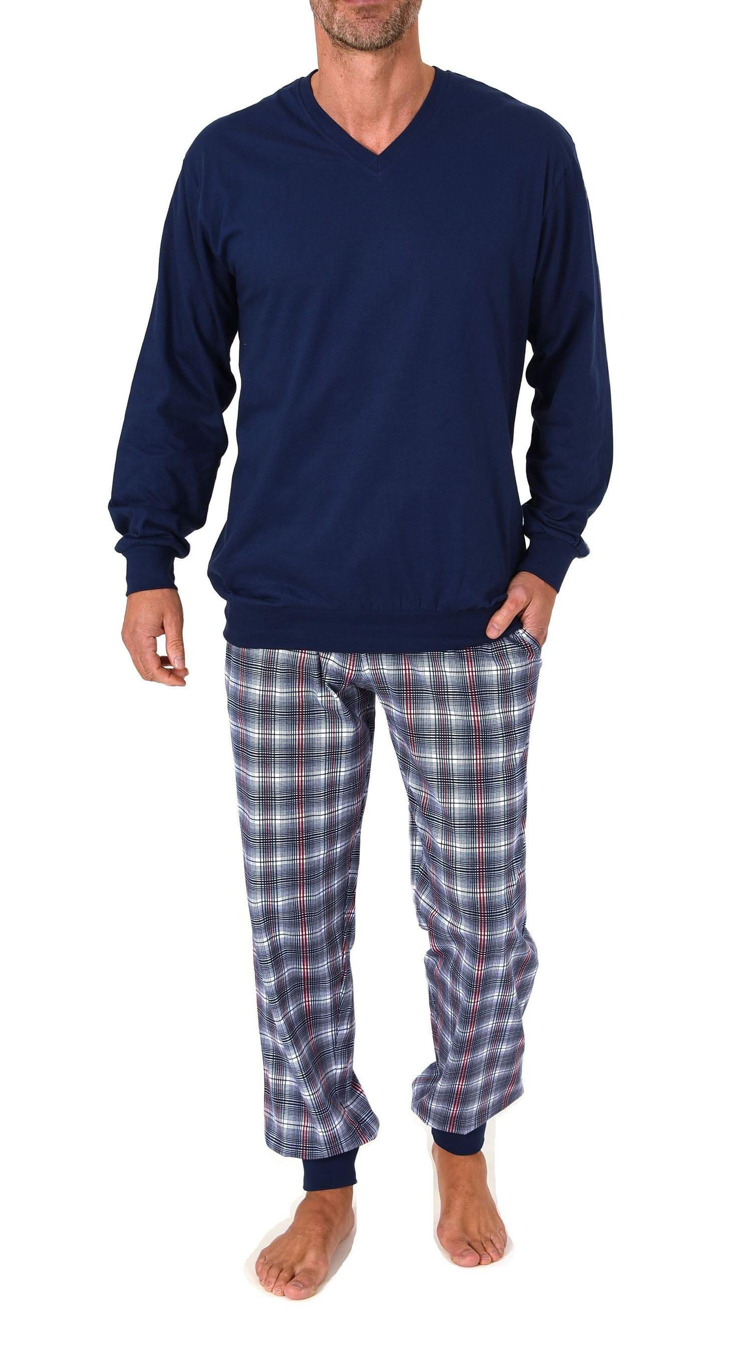 Normann Herren Schlafanzug lang mit Bündchen und Jersey Karo Hose – auch in Übergrößen