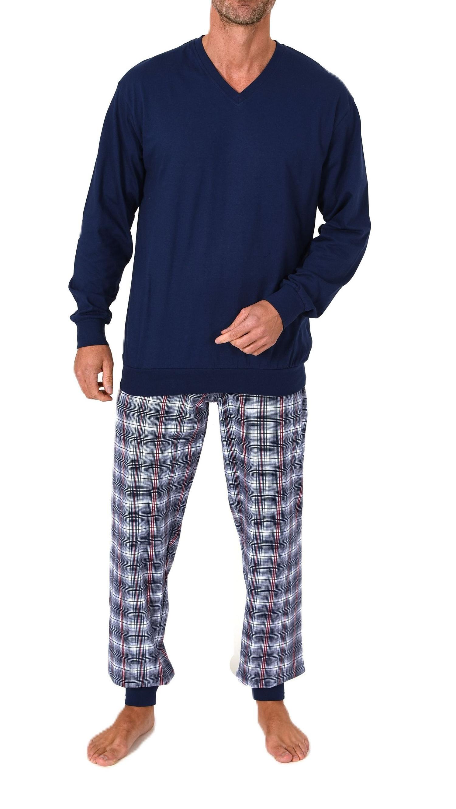 Normann Herren Schlafanzug lang mit Bündchen und Jersey Karo Hose – auch in Übergrößen