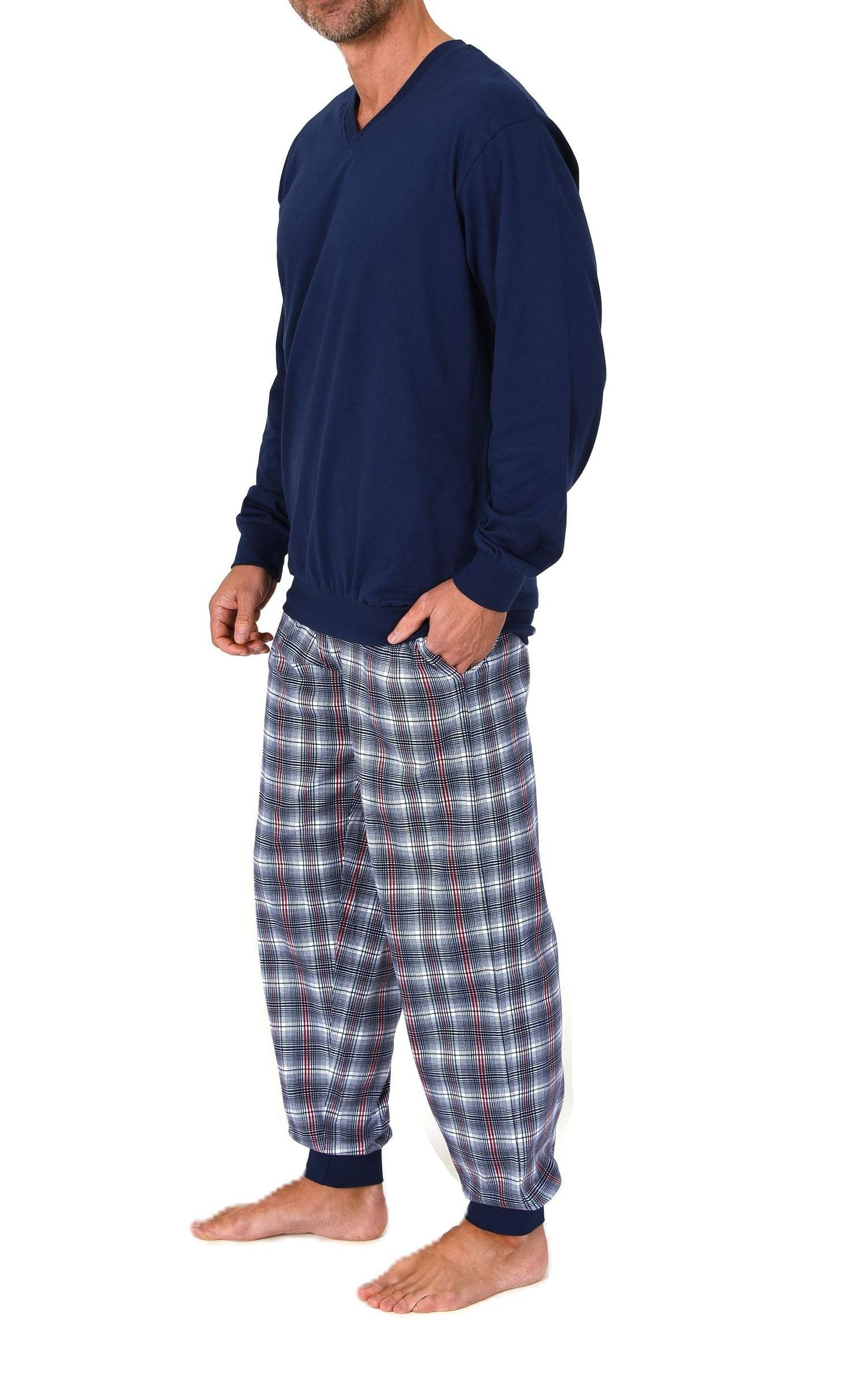 Normann Herren Schlafanzug lang mit Bündchen und Jersey Karo Hose – auch in Übergrößen