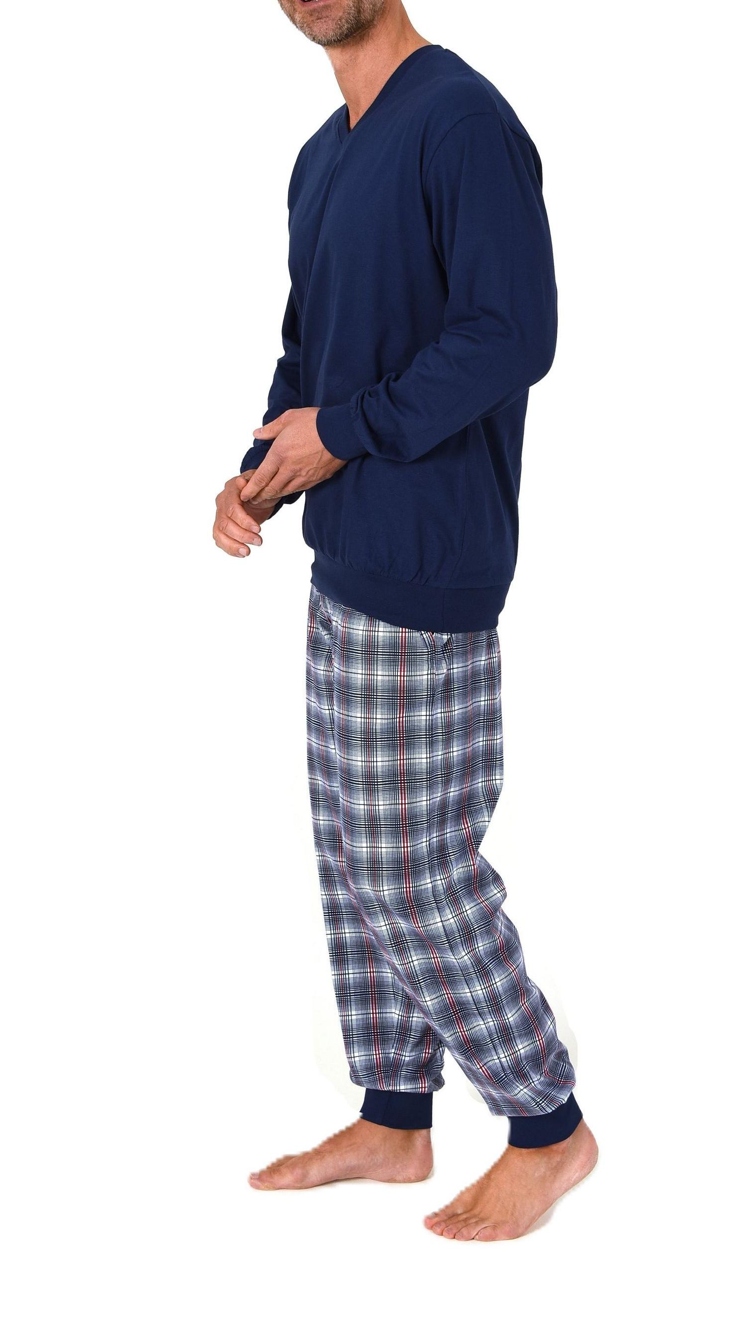 Normann Herren Schlafanzug lang mit Bündchen und Jersey Karo Hose – auch in Übergrößen