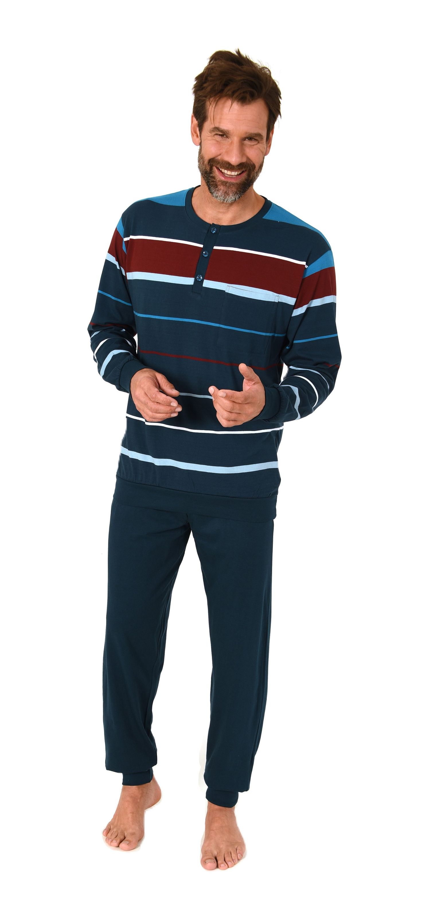Normann Herren Schlafanzug lang mit Bündchen in Streifenoptik – Pyjama auch in Übergrößen