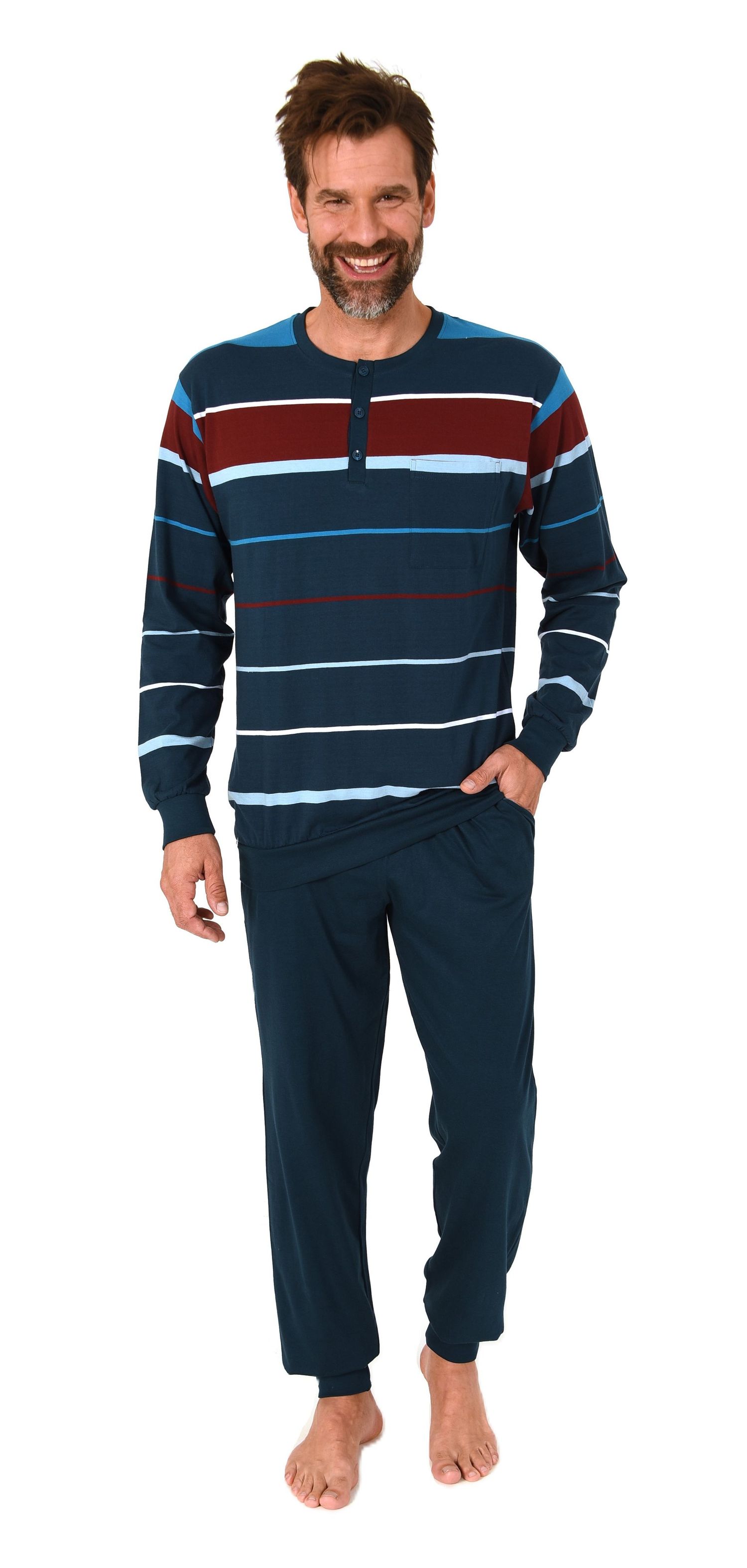 Normann Herren Schlafanzug lang mit Bündchen in Streifenoptik – Pyjama auch in Übergrößen