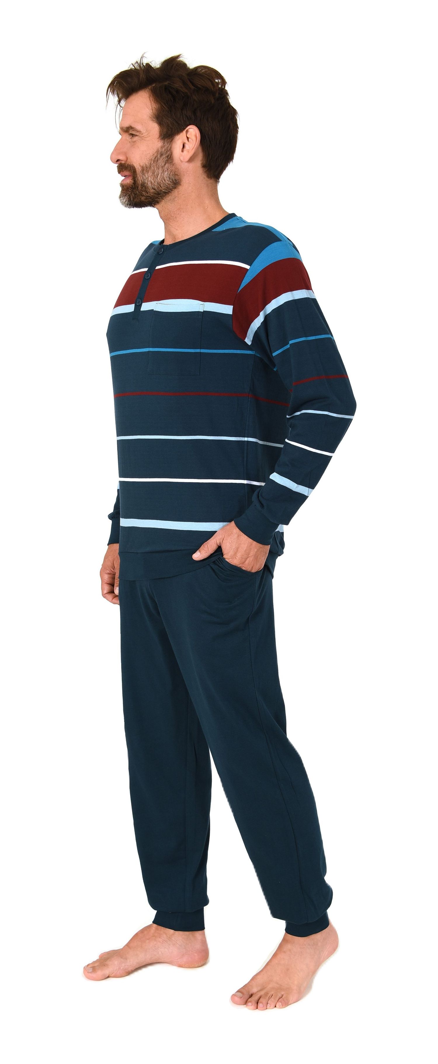 Normann Herren Schlafanzug lang mit Bündchen in Streifenoptik – Pyjama auch in Übergrößen