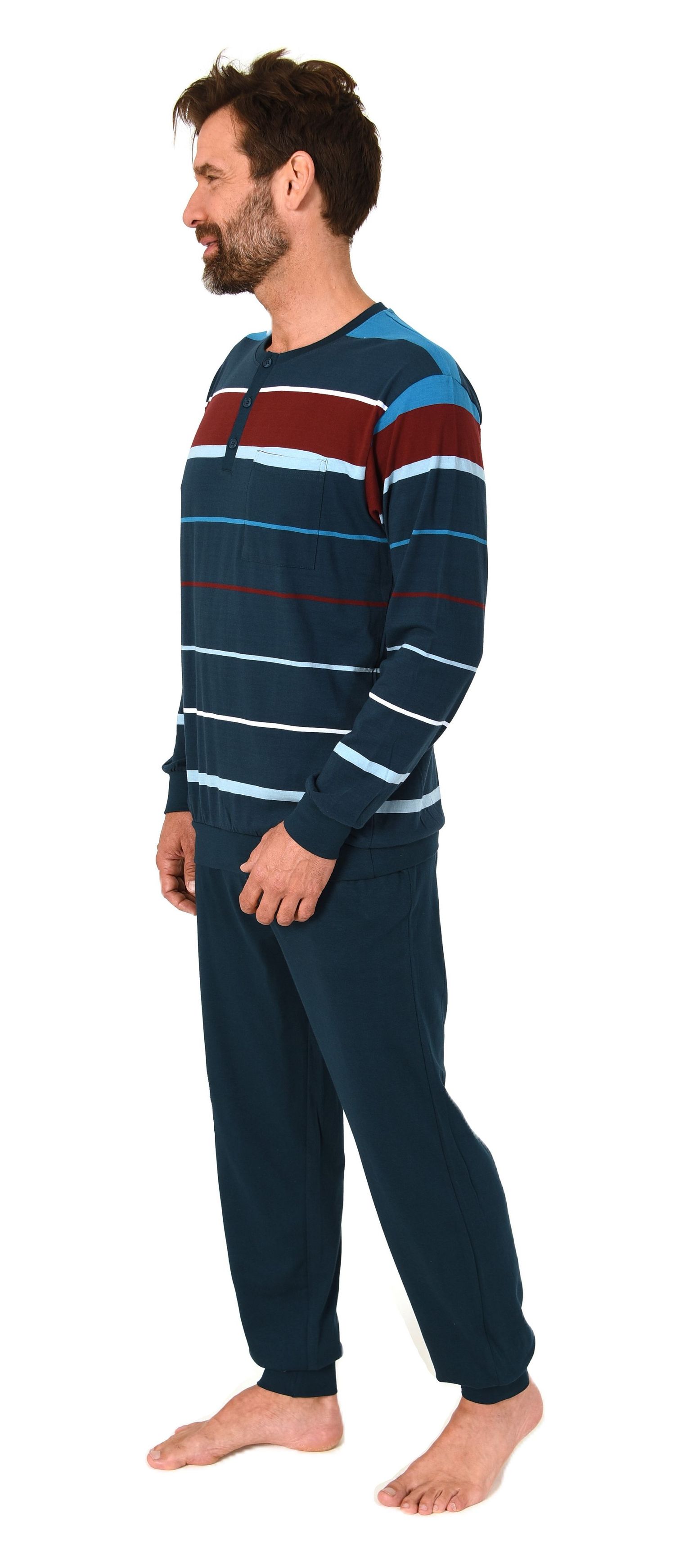 Normann Herren Schlafanzug lang mit Bündchen in Streifenoptik – Pyjama auch in Übergrößen