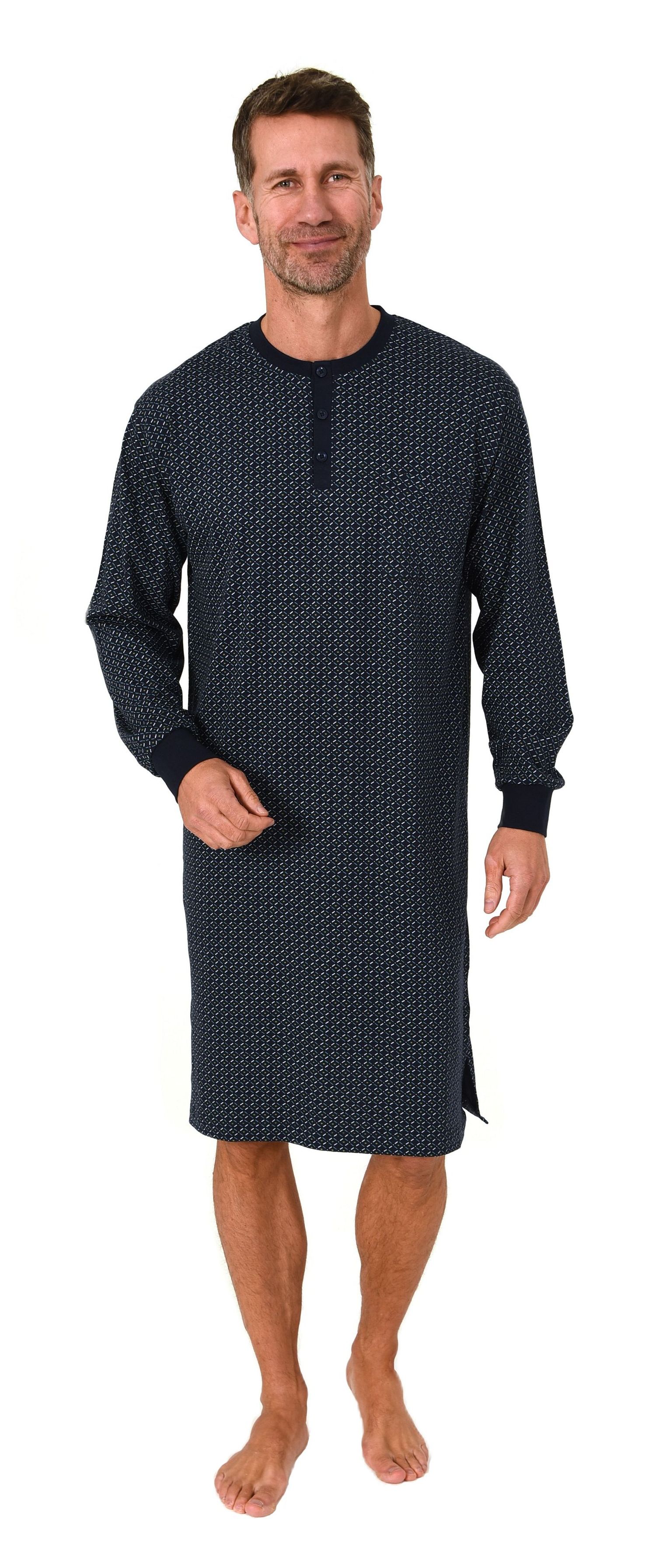 Normann Herren Langarm Nachthemd mit Bündchen – Minimalprint-Optik - auch in Übergröße