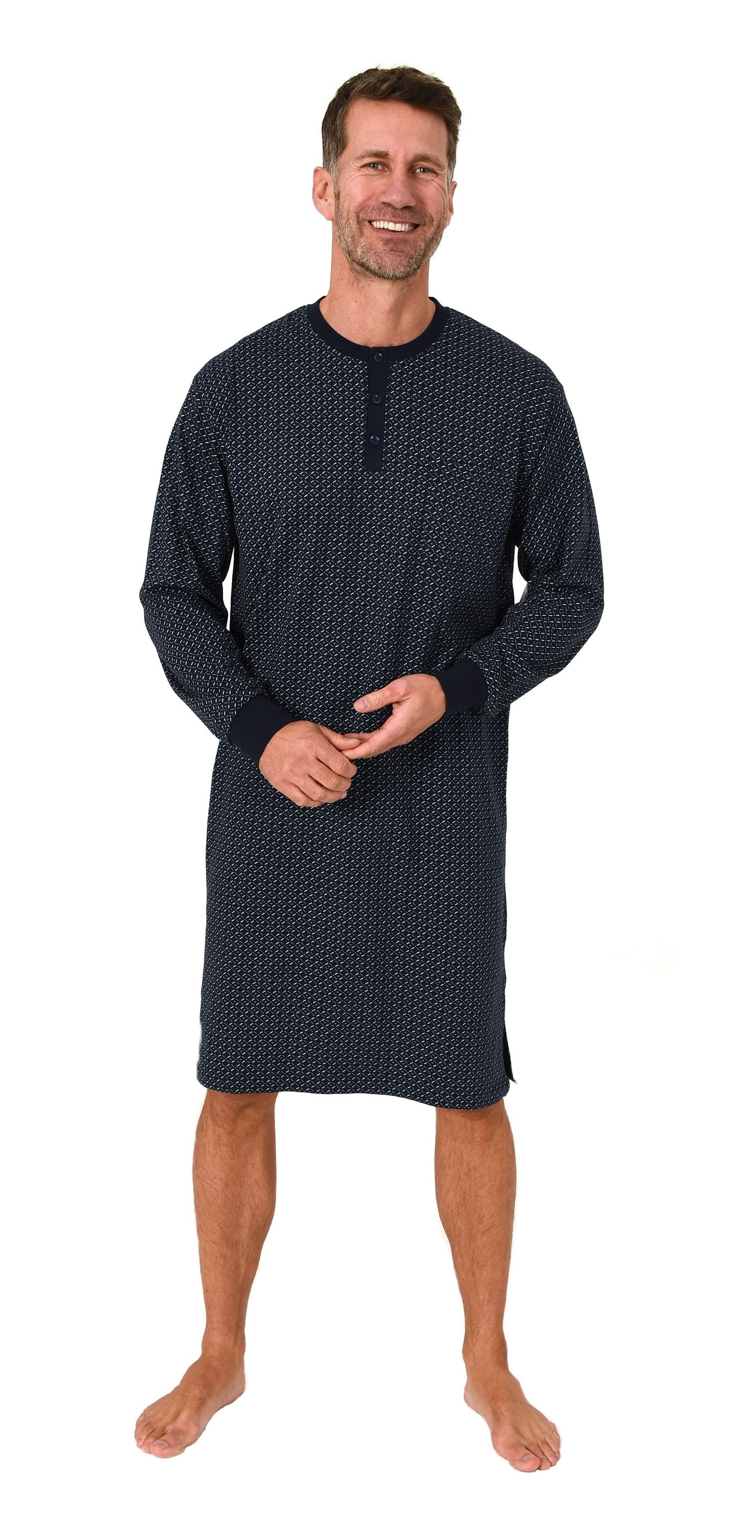 Normann Herren Langarm Nachthemd mit Bündchen – Minimalprint-Optik - auch in Übergröße