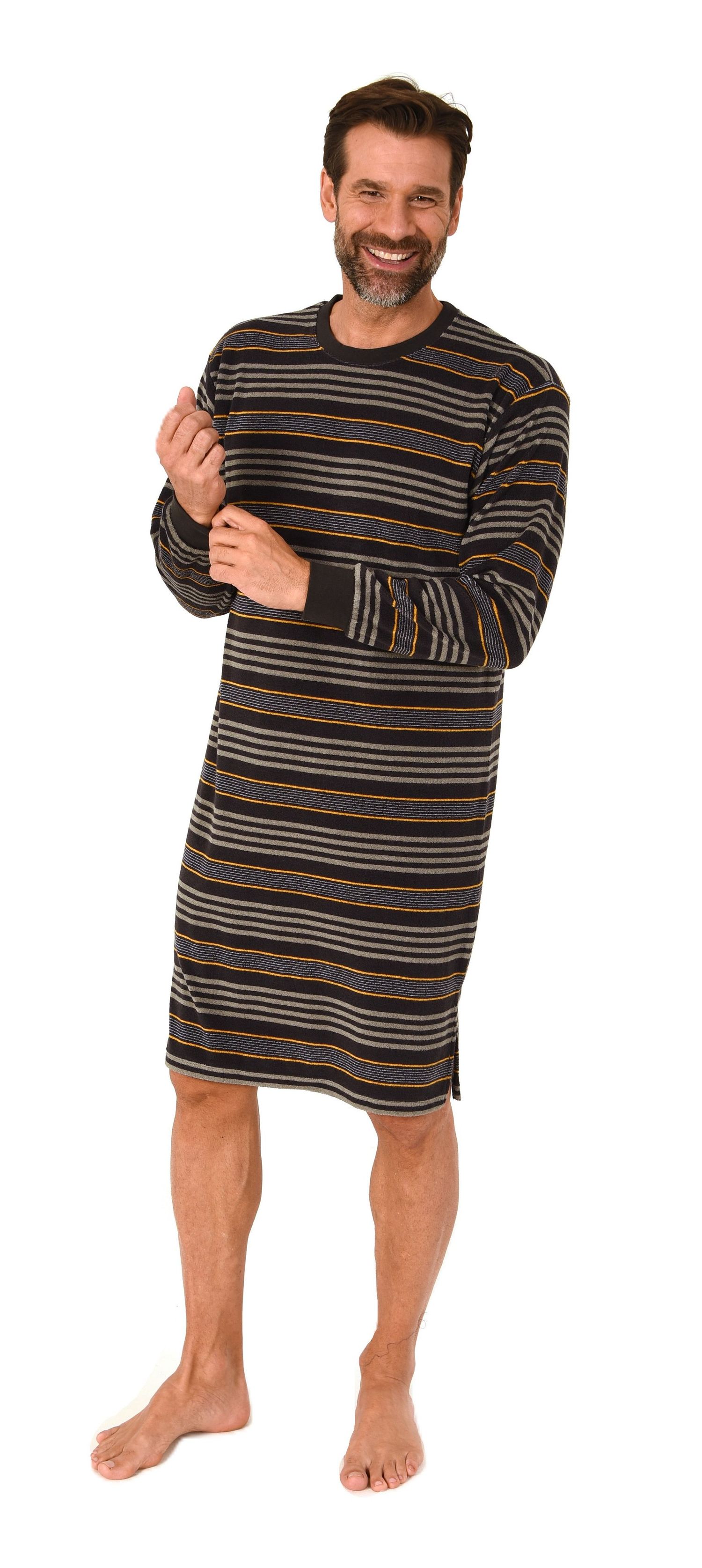 Normann Herren Frotte langarm Nachthemd mit Bündchen - auch in Übergrößen – Streifenoptik