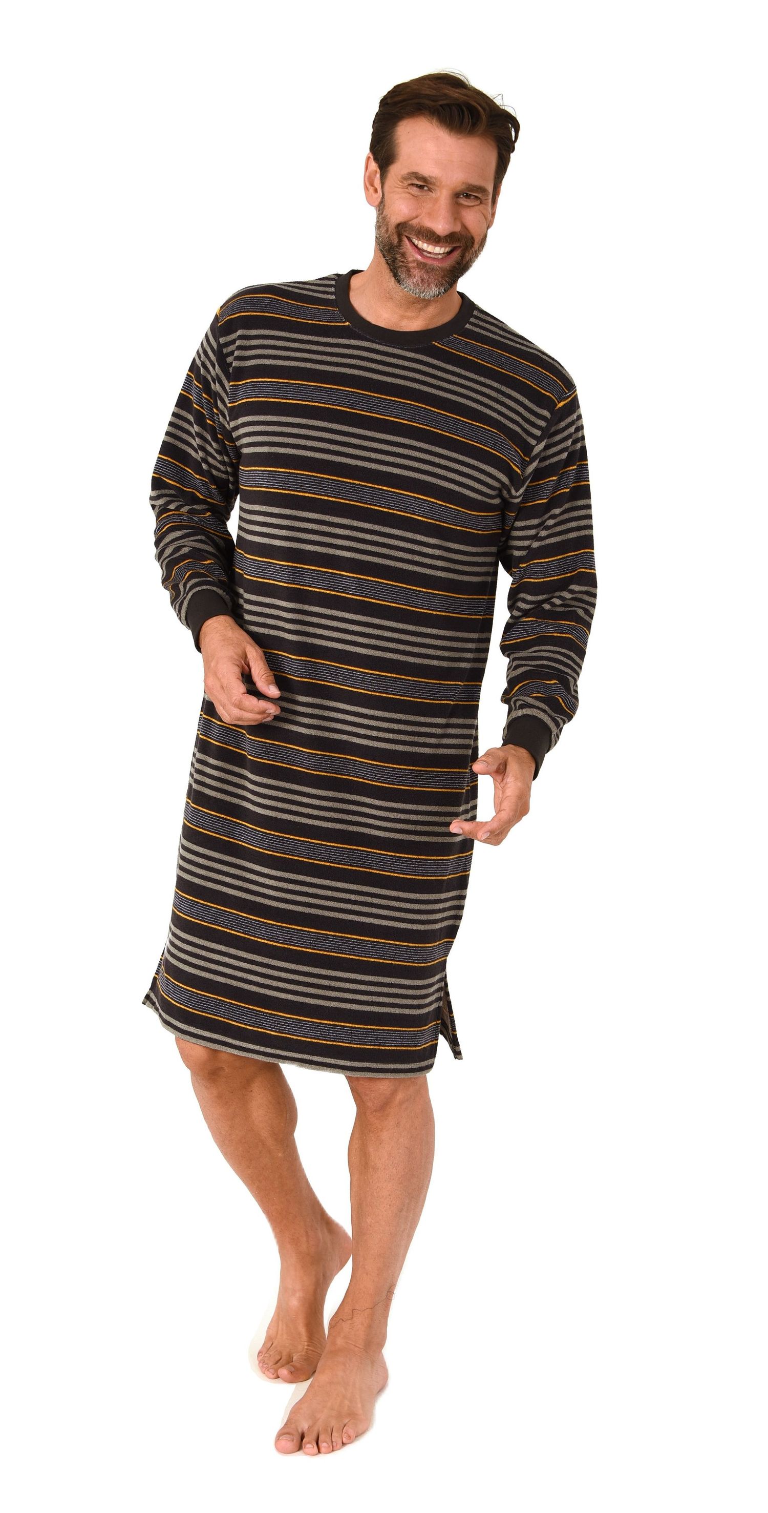 Normann Herren Frotte langarm Nachthemd mit Bündchen - auch in Übergrößen – Streifenoptik