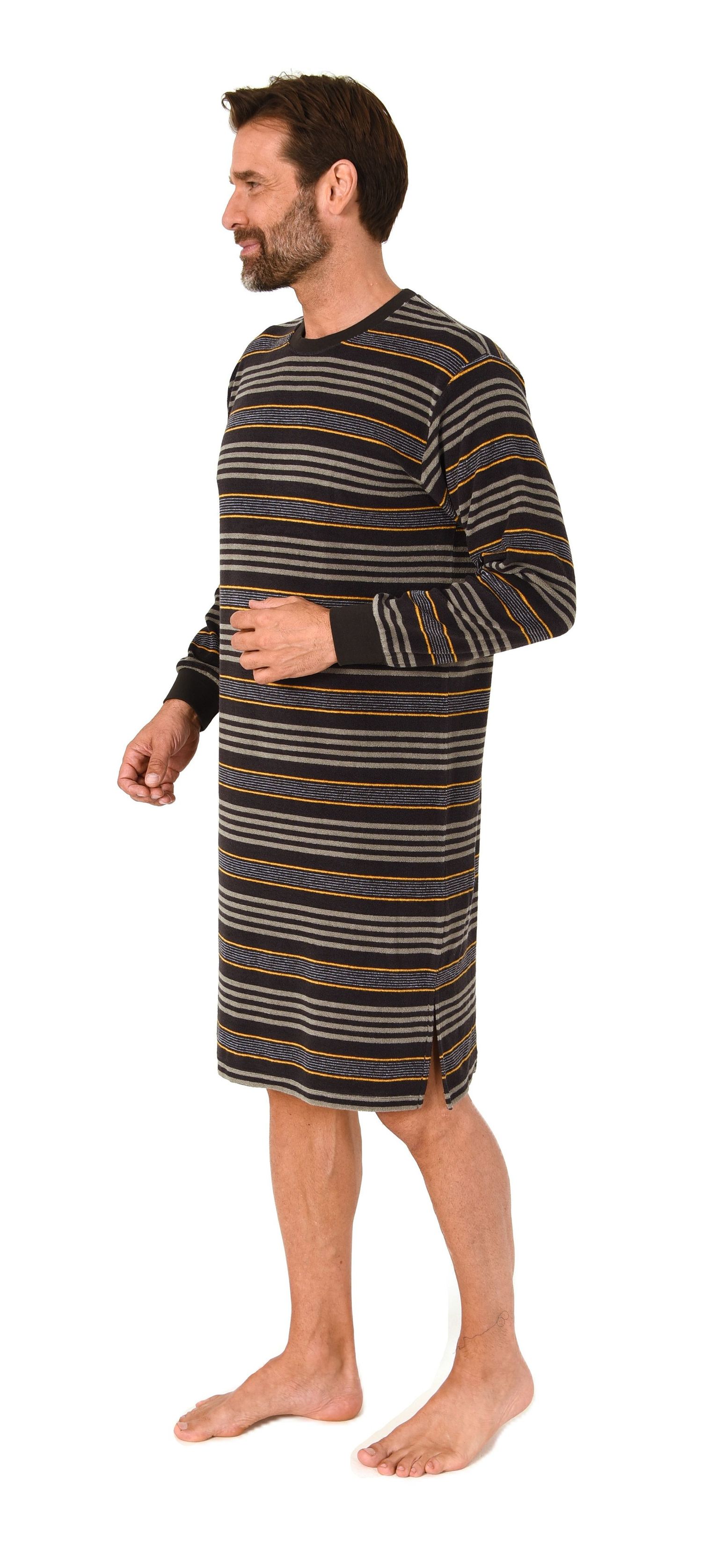 Normann Herren Frotte langarm Nachthemd mit Bündchen - auch in Übergrößen – Streifenoptik
