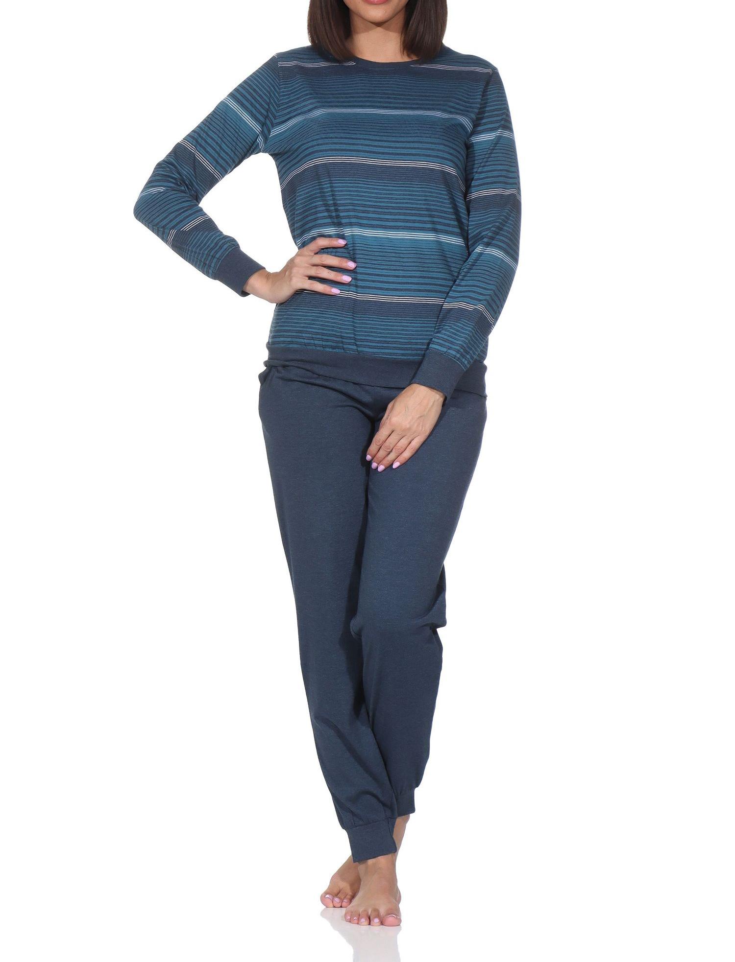Normann Damen langarm Schlafanzug mit Bündchen in Streifenoptik - auch in Übergrössen