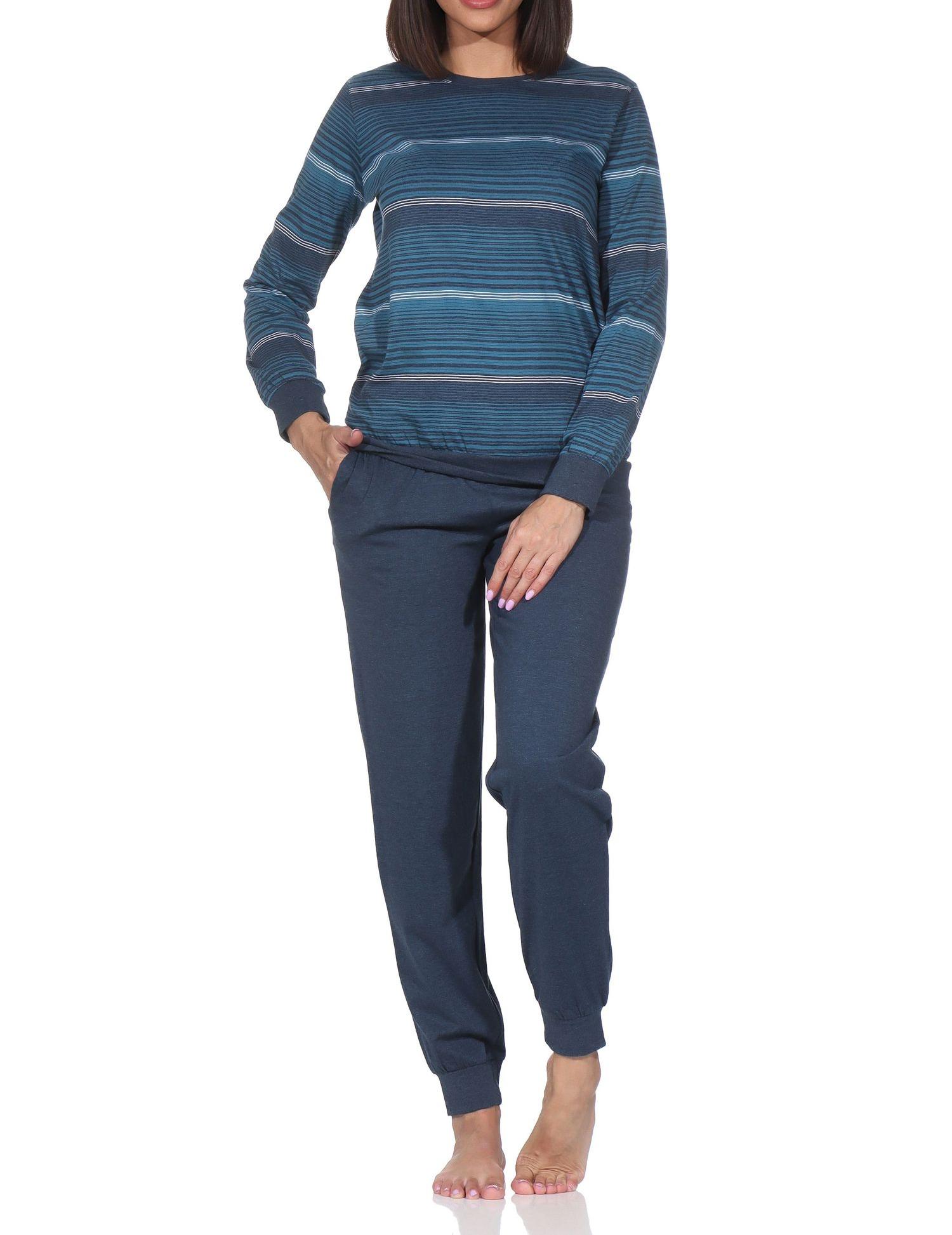 Normann Damen langarm Schlafanzug mit Bündchen in Streifenoptik - auch in Übergrössen