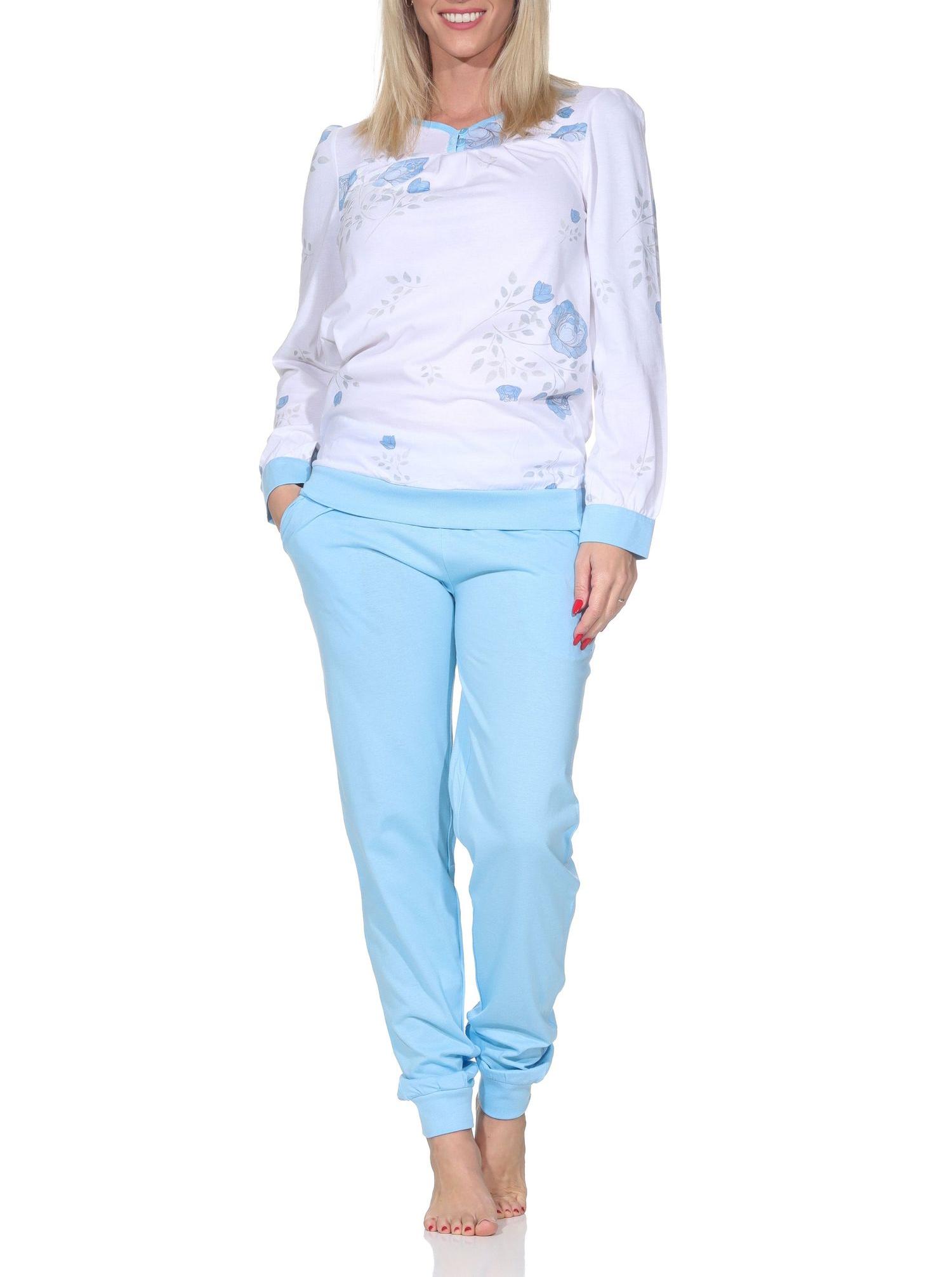 Normann Damen langarm Schlafanzug Pyjama mit Bündchen in klassischer fraulicher Optik