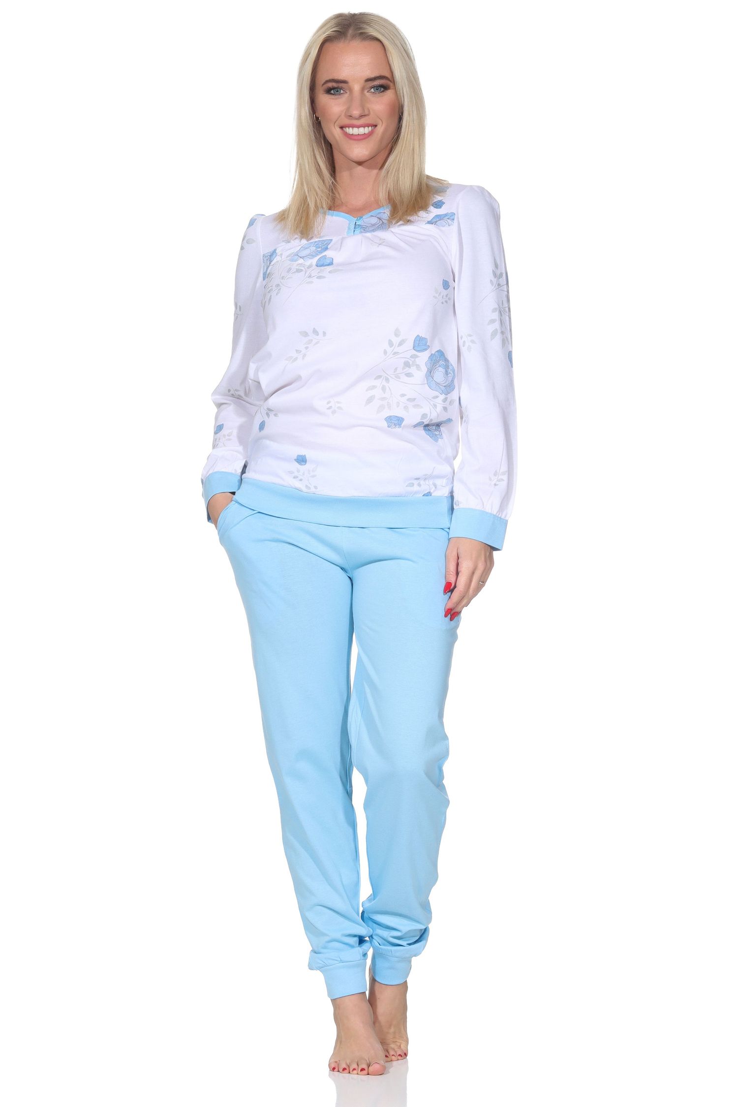 Normann Damen langarm Schlafanzug Pyjama mit Bündchen in klassischer fraulicher Optik