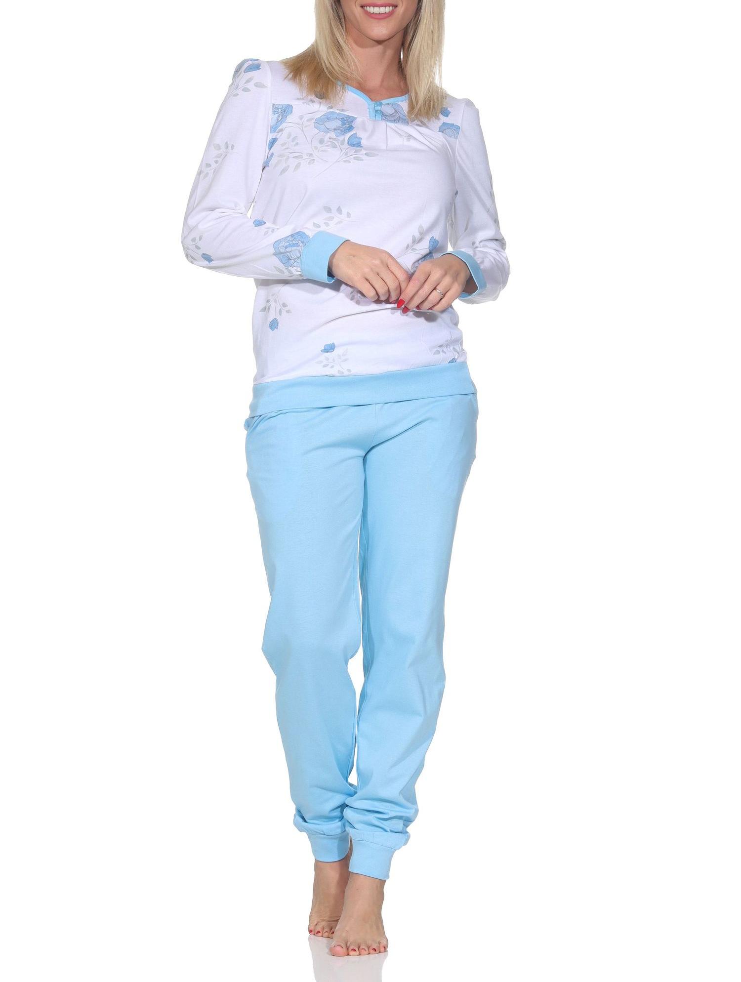 Normann Damen langarm Schlafanzug Pyjama mit Bündchen in klassischer fraulicher Optik