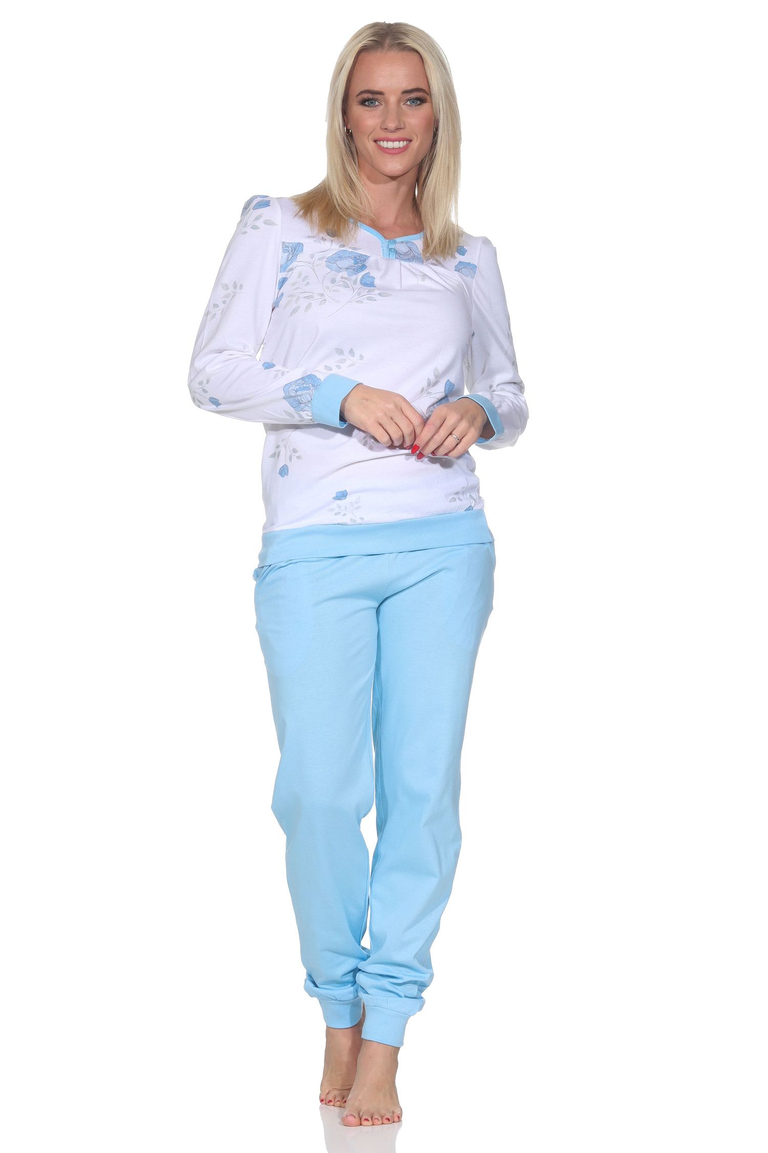 Normann Damen langarm Schlafanzug Pyjama mit Bündchen in klassischer fraulicher Optik
