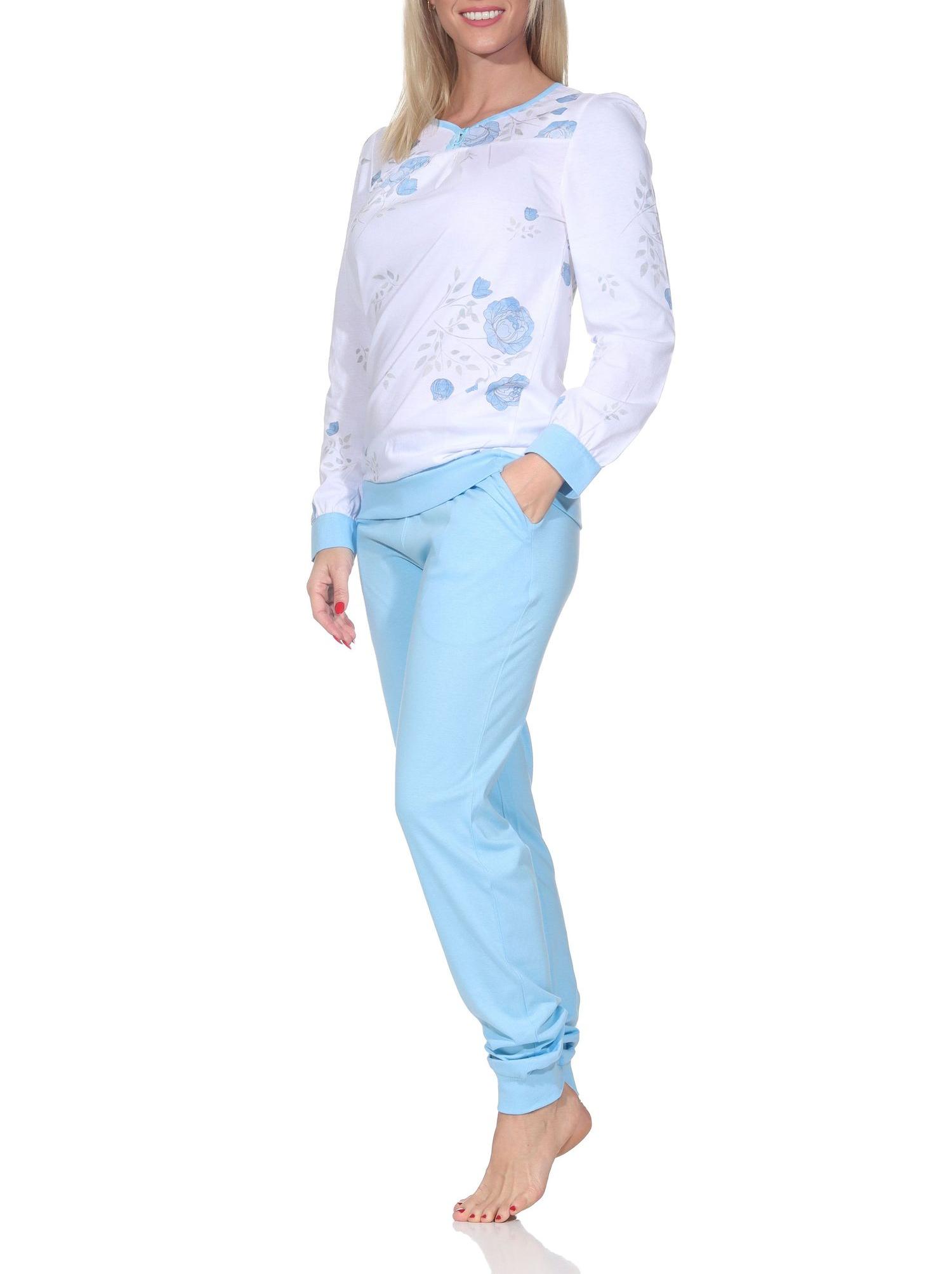Normann Damen langarm Schlafanzug Pyjama mit Bündchen in klassischer fraulicher Optik