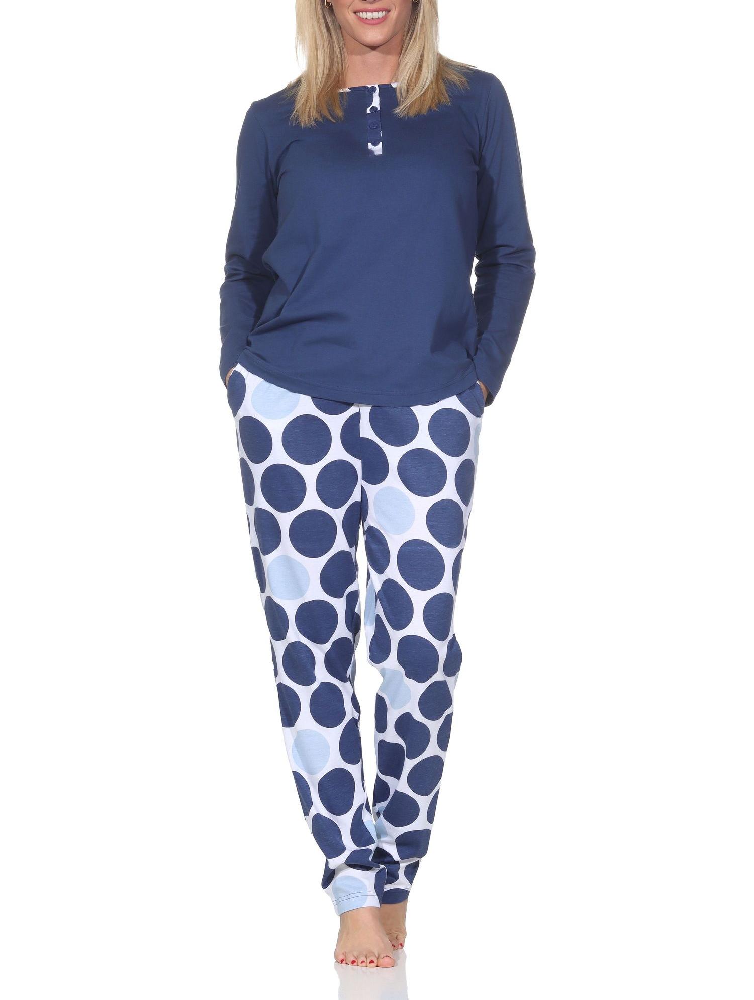 Normann Damen langarm Schlafanzug Pyjama mit Hose in Punkte Tupfen Look