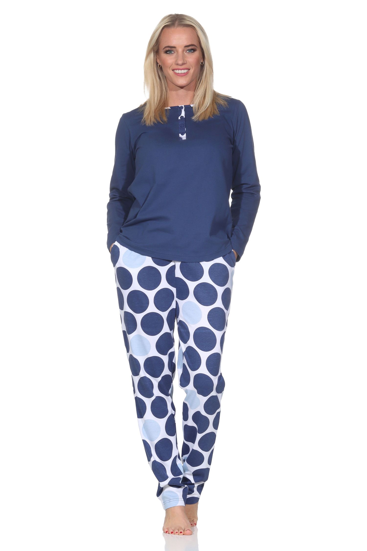 Normann Damen langarm Schlafanzug Pyjama mit Hose in Punkte Tupfen Look