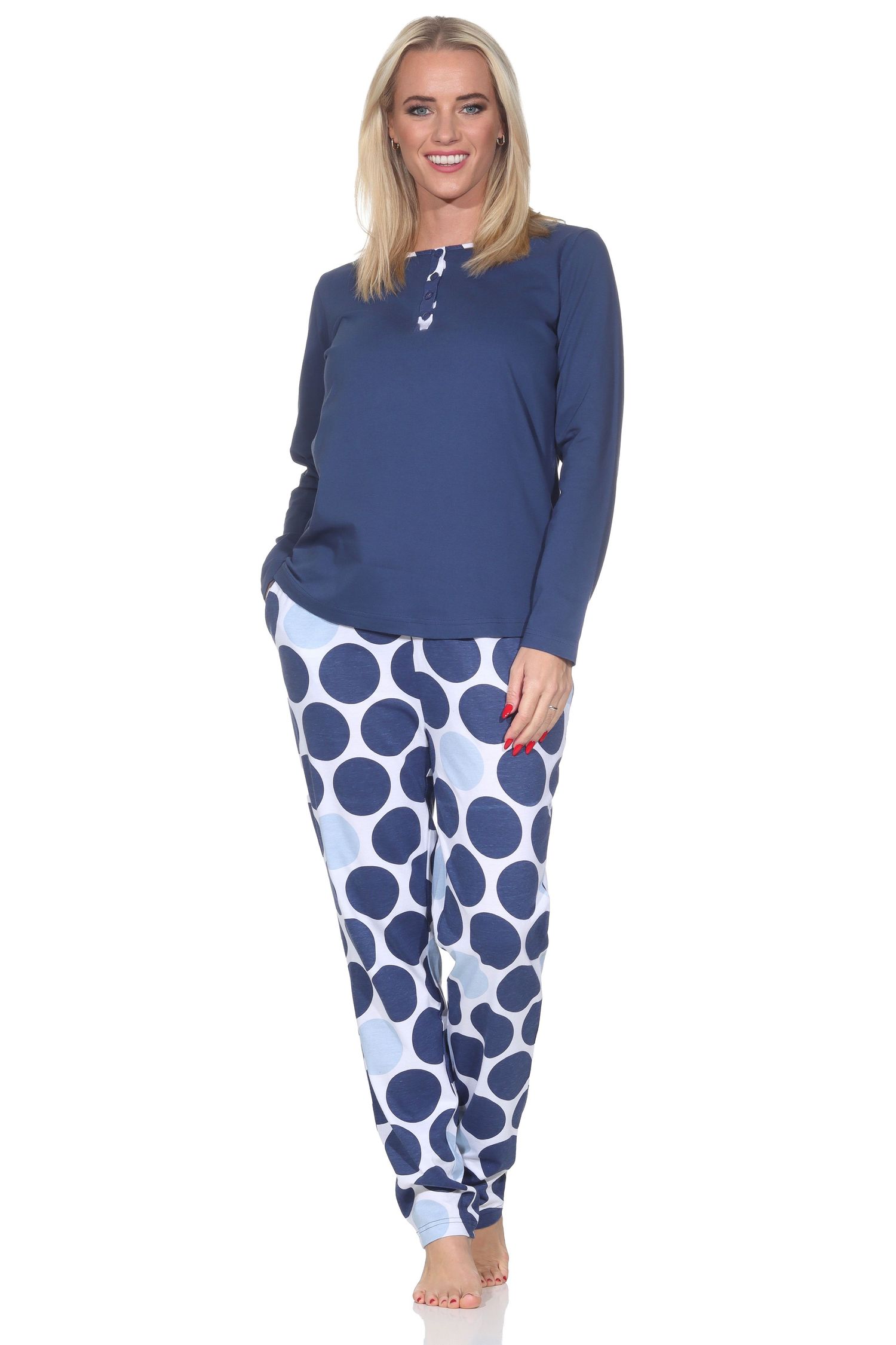 Normann Damen langarm Schlafanzug Pyjama mit Hose in Punkte Tupfen Look