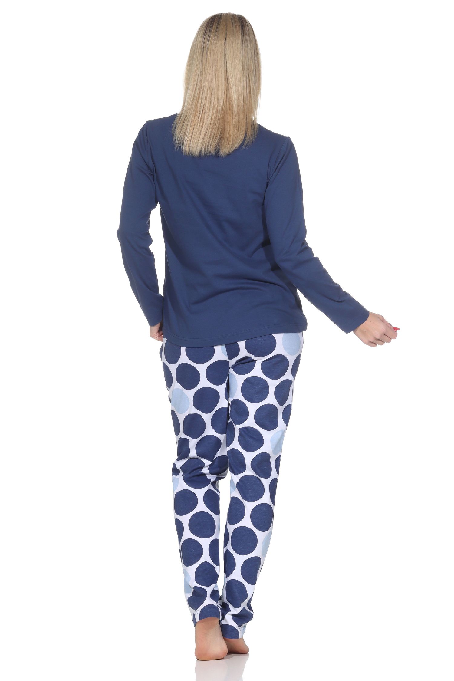 Normann Damen langarm Schlafanzug Pyjama mit Hose in Punkte Tupfen Look