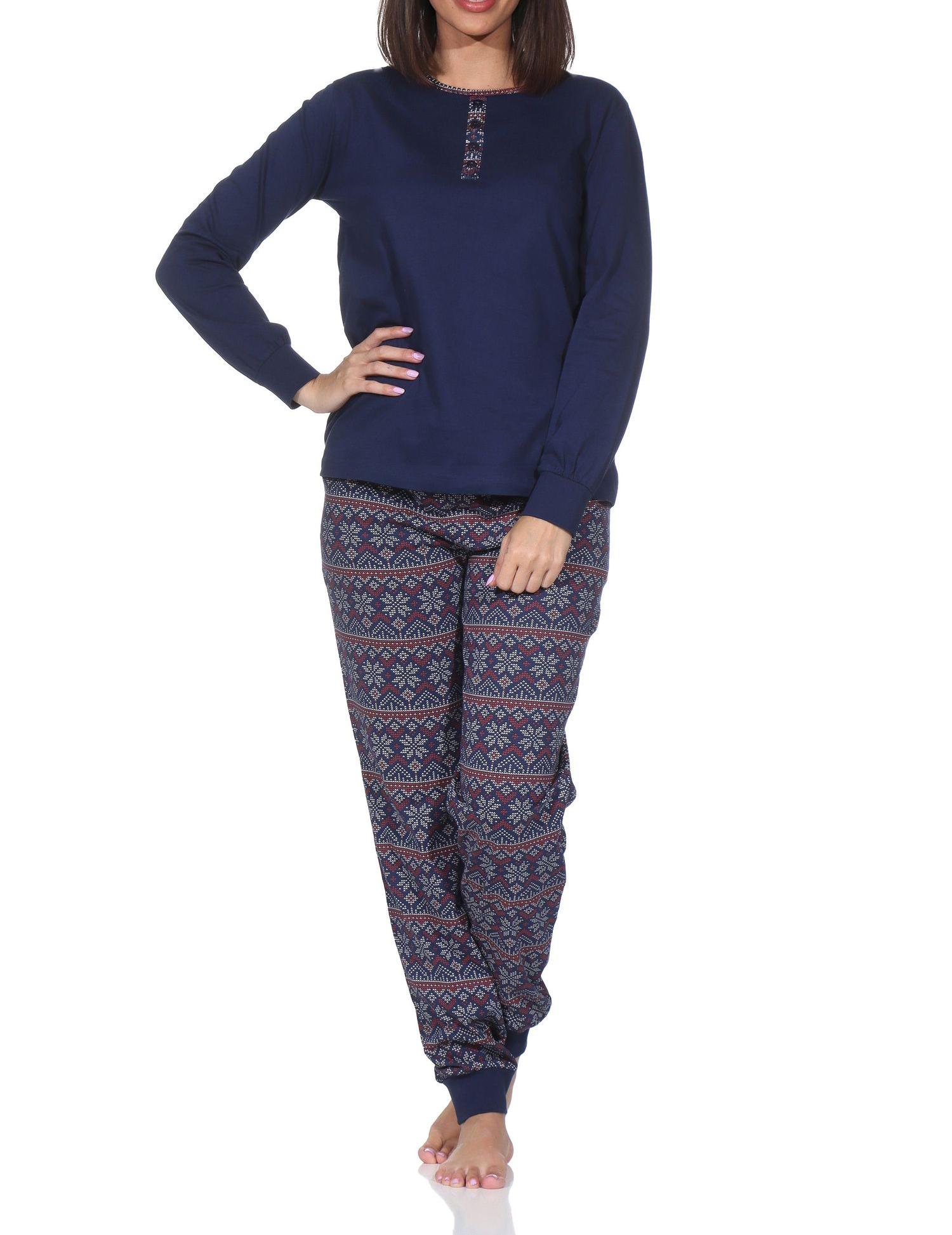 Normann Damen langarm Schlafanzug mit Bündchen im Ethnolook – Pyjama auch in Übergrößen