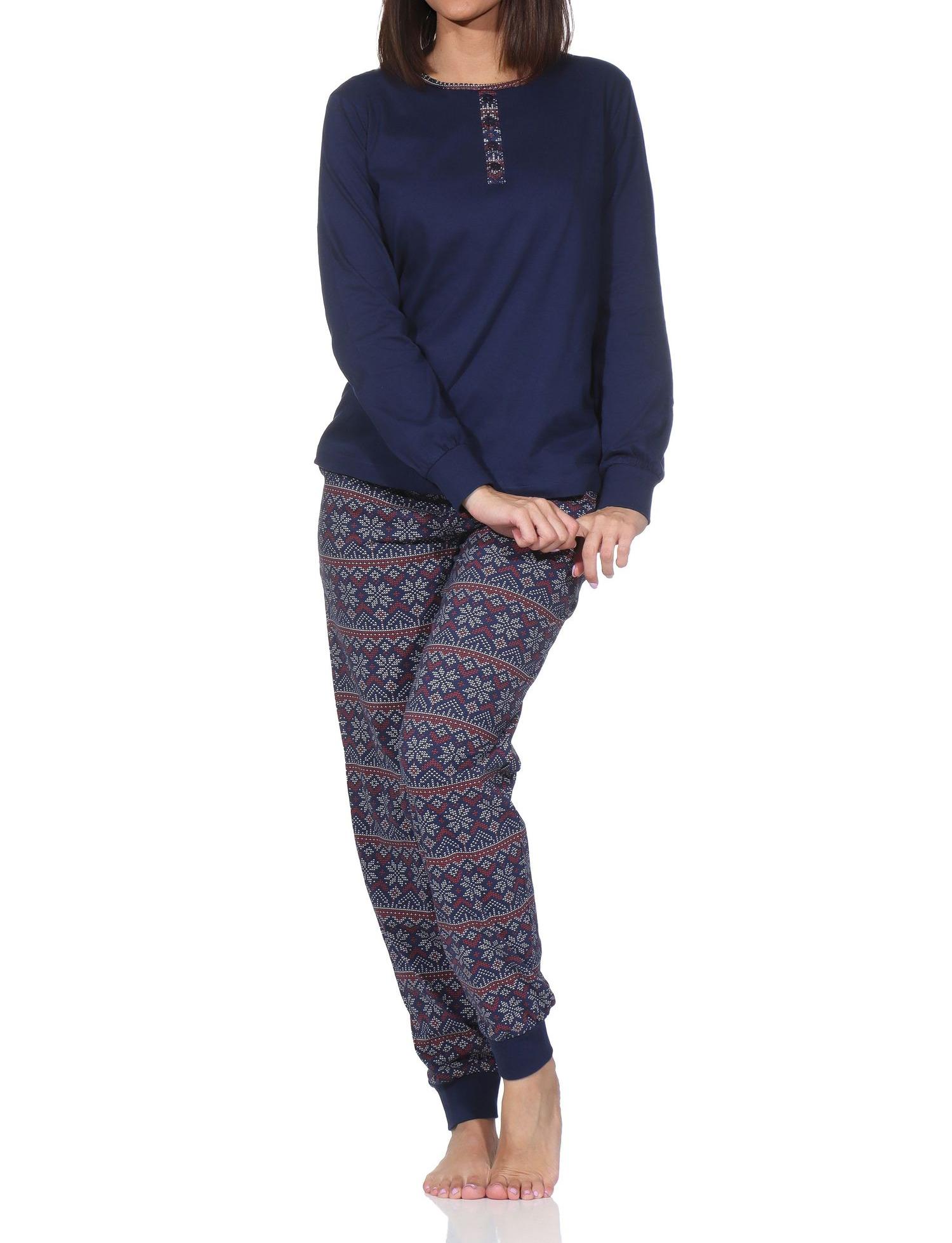 Normann Damen langarm Schlafanzug mit Bündchen im Ethnolook – Pyjama auch in Übergrößen