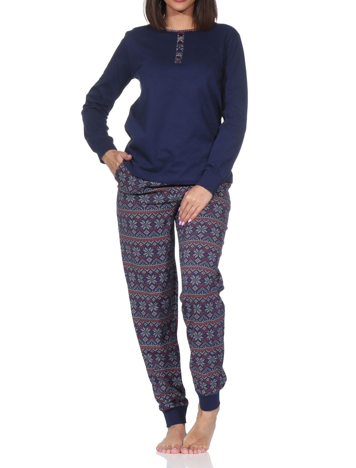 Normann Damen langarm Schlafanzug mit Bündchen im Ethnolook – Pyjama auch in Übergrößen