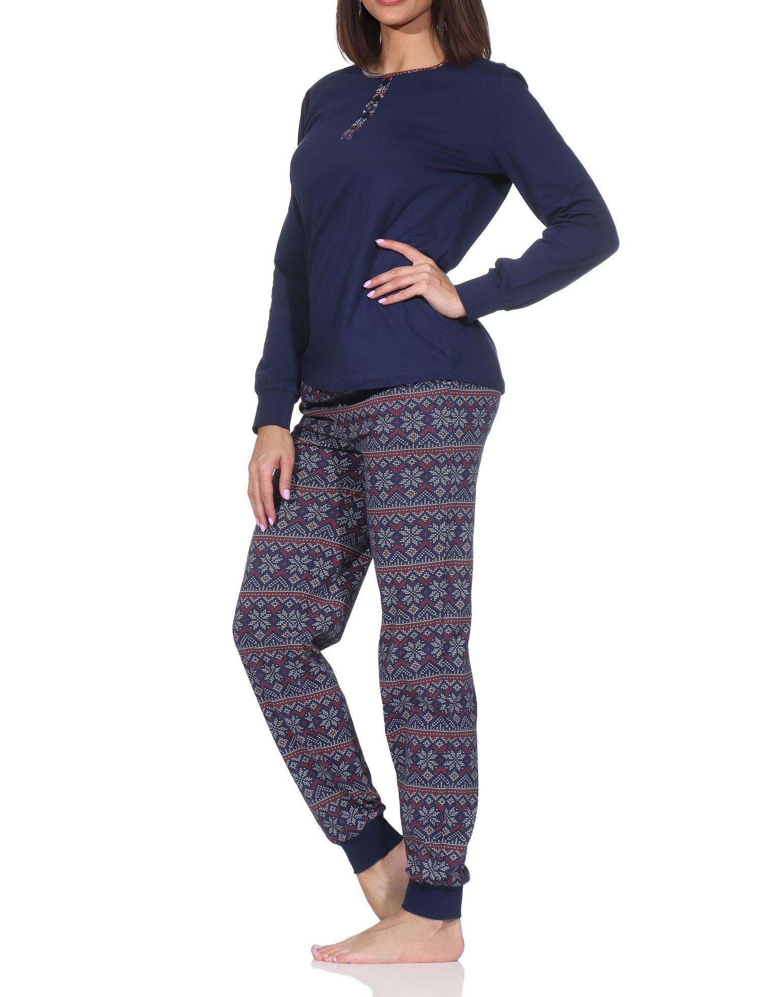 Normann Damen langarm Schlafanzug mit Bündchen im Ethnolook – Pyjama auch in Übergrößen