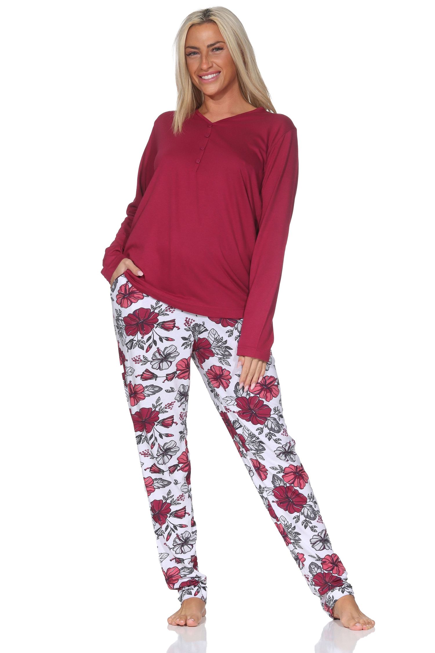 Normann Damen langarm Schlafanzug Pyjama in floralem Design - auch in Übergrößen