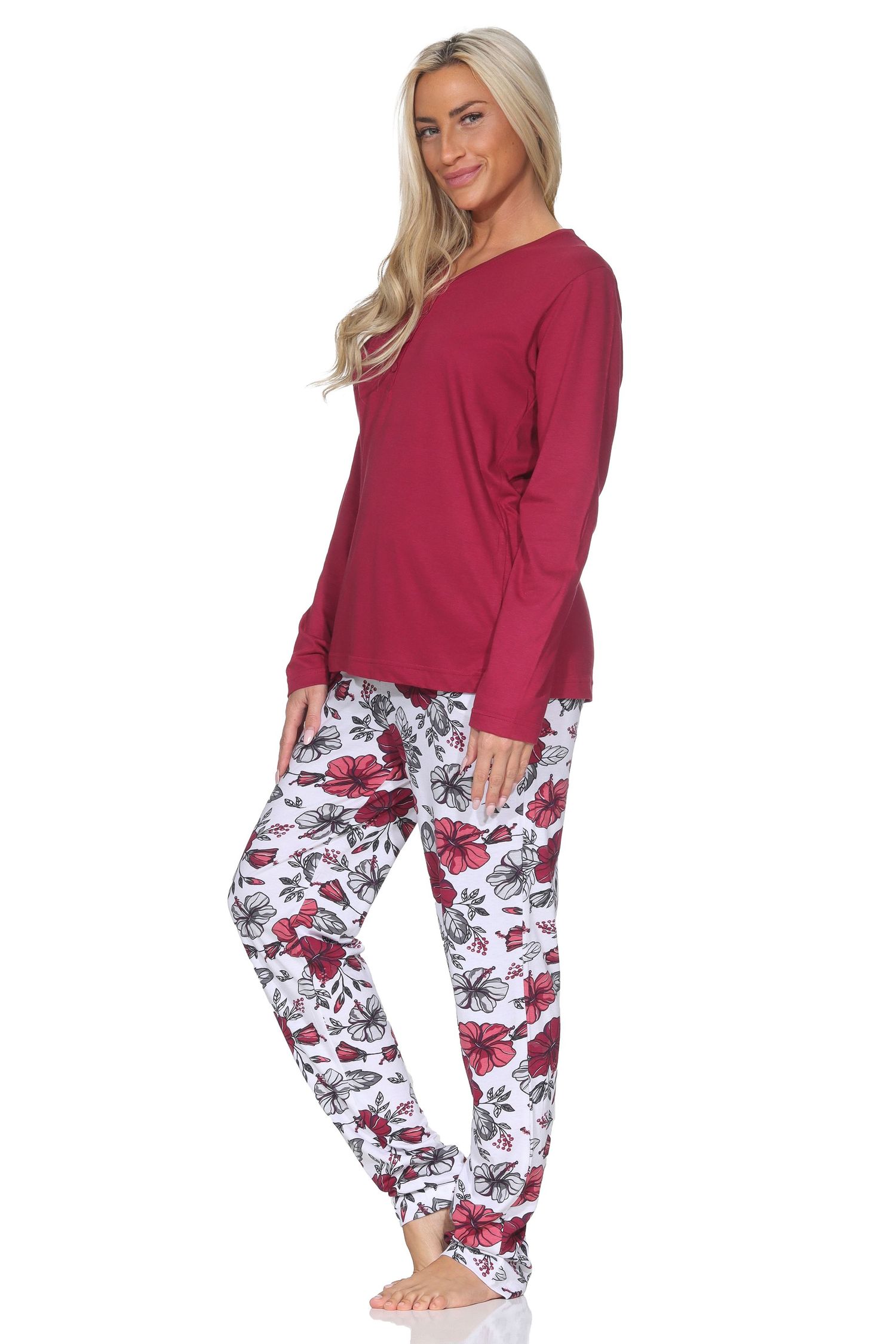 Normann Damen langarm Schlafanzug Pyjama in floralem Design - auch in Übergrößen