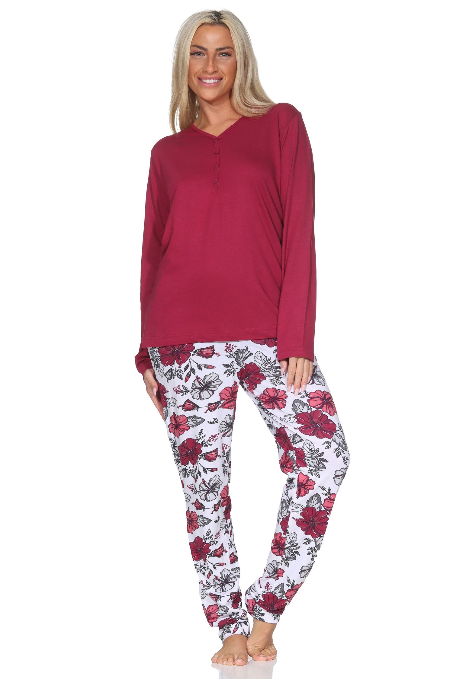 Normann Damen langarm Schlafanzug Pyjama in floralem Design - auch in Übergrößen