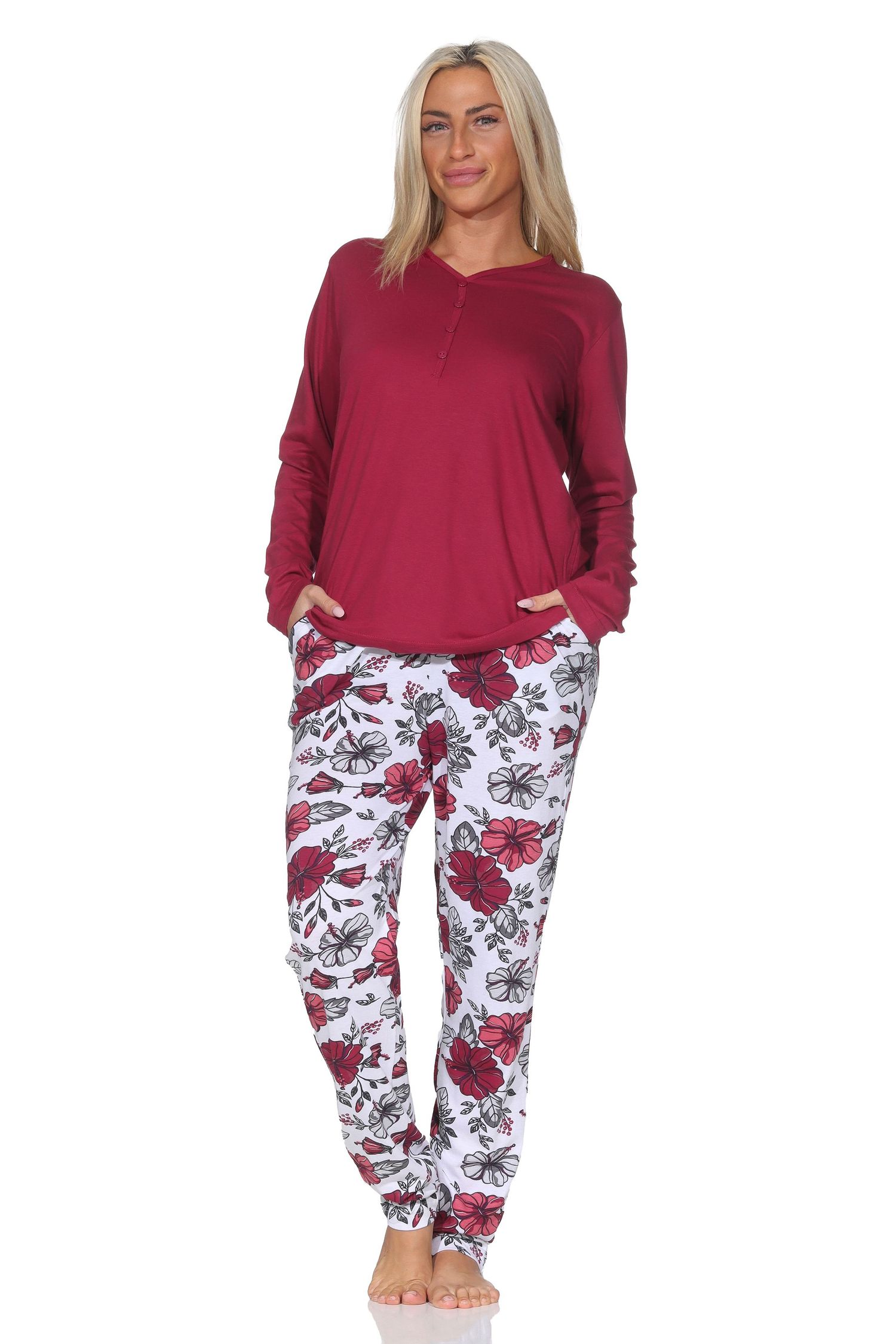 Normann Damen langarm Schlafanzug Pyjama in floralem Design - auch in Übergrößen