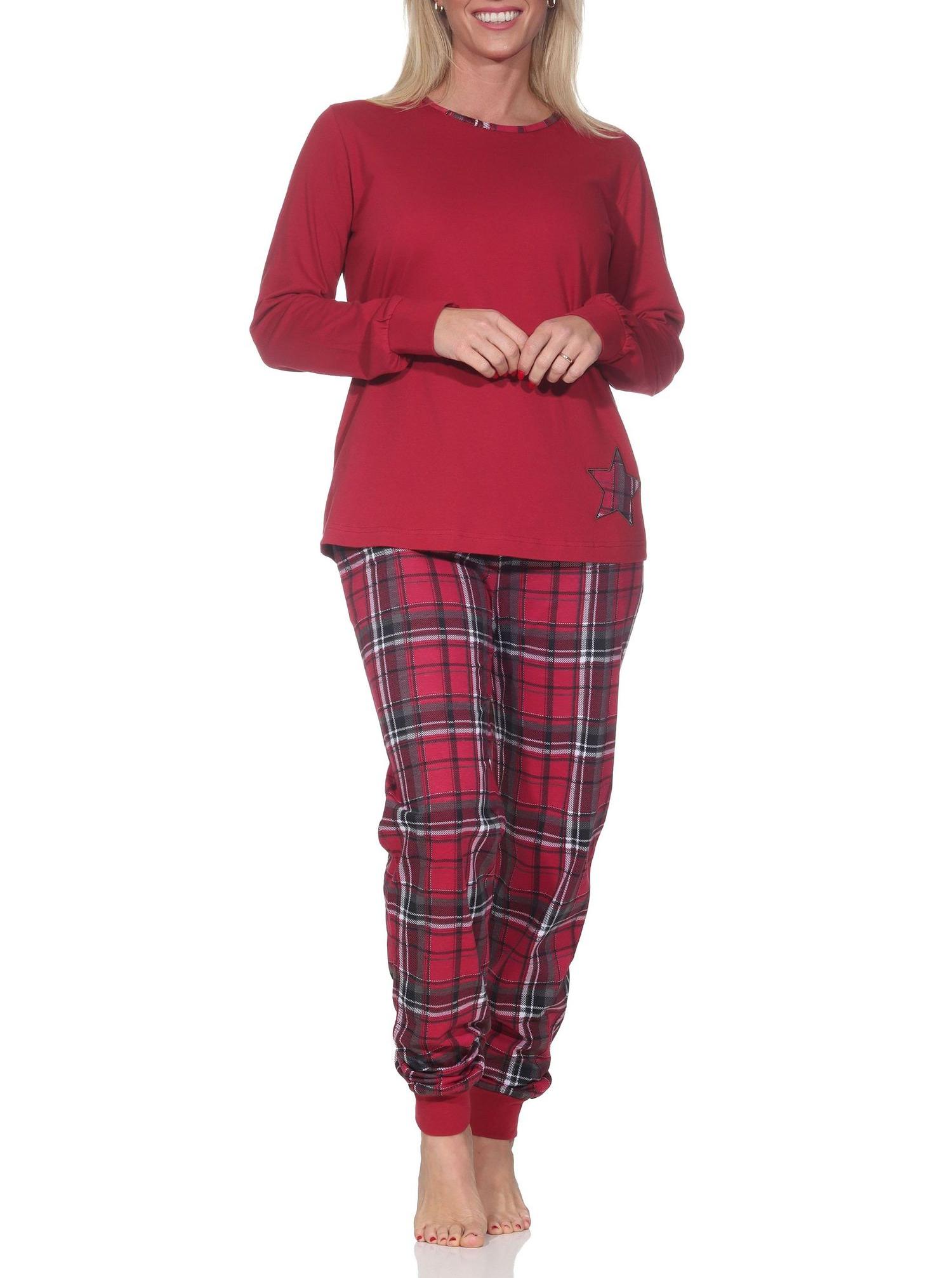 Damen Schlafanzug mit Bündchen mit Karohose und Stern als Motiv - auch in Übergrössen Damen Schlafanzug mit Bündchen mit Karohose und Stern als Motiv - auch in Übergrössen