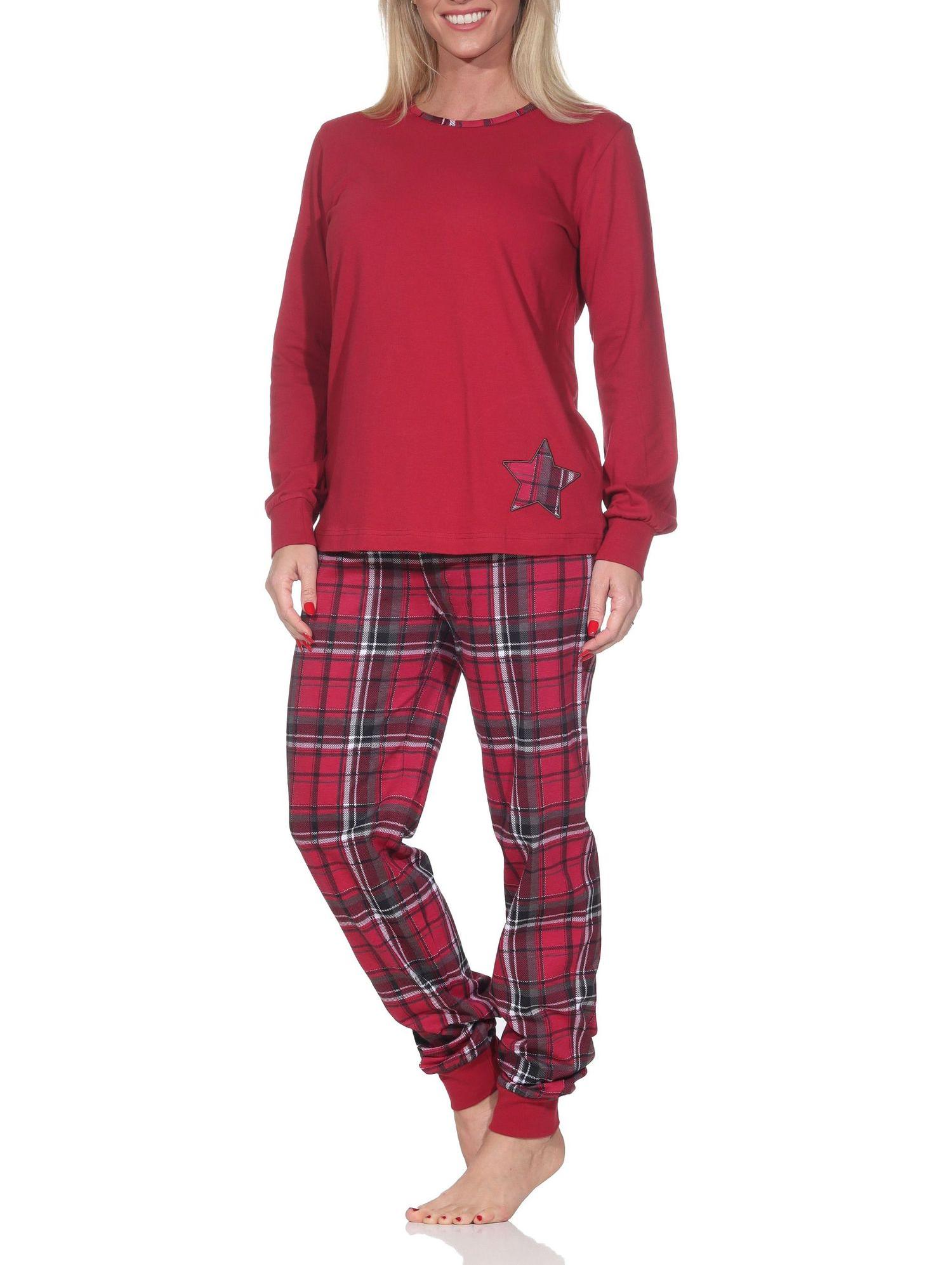 Damen Schlafanzug mit Bündchen mit Karohose und Stern als Motiv - auch in Übergrössen Damen Schlafanzug mit Bündchen mit Karohose und Stern als Motiv - auch in Übergrössen