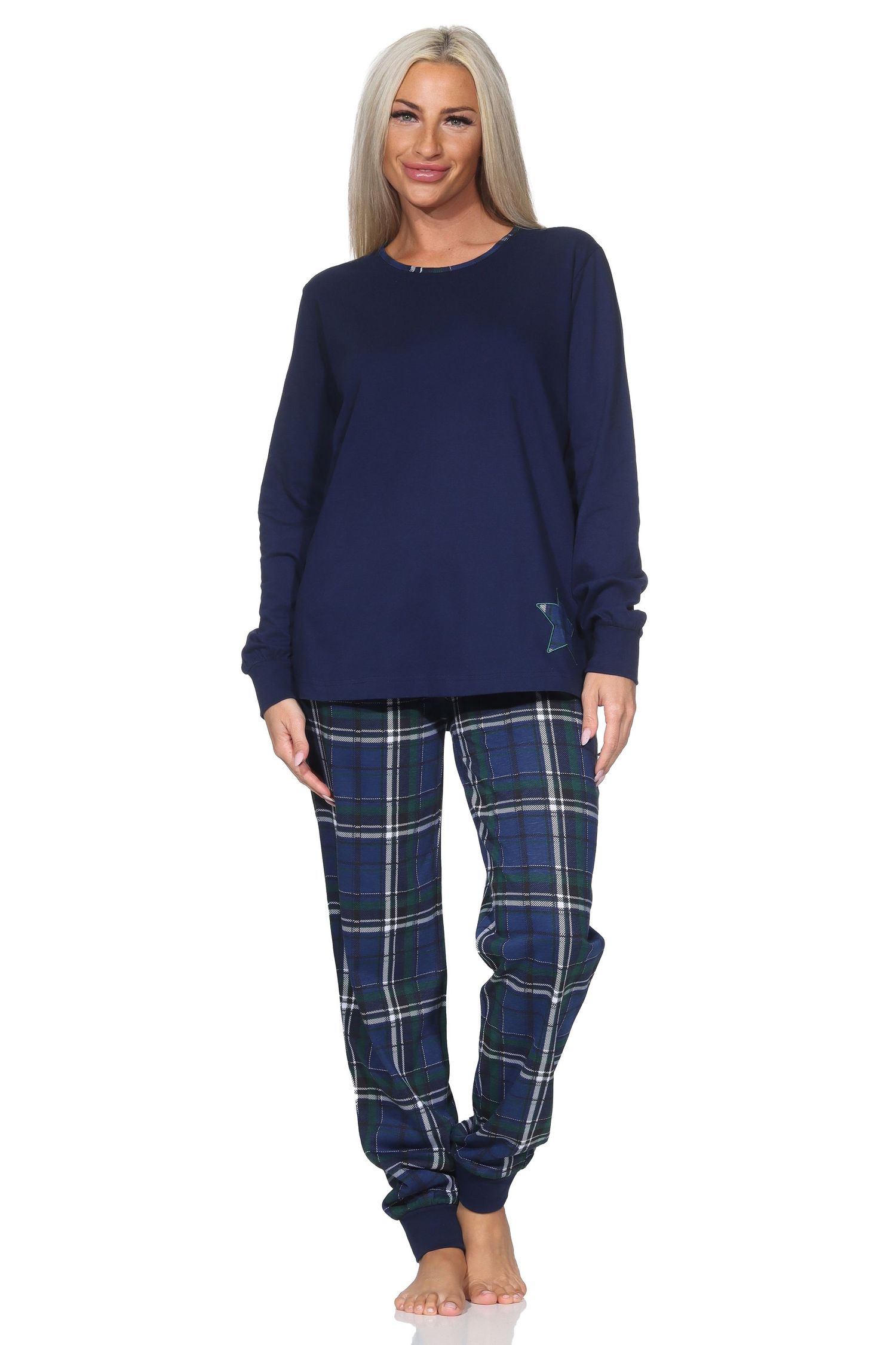 Damen Schlafanzug mit Bündchen mit Karohose und Stern als Motiv - auch in Übergrössen