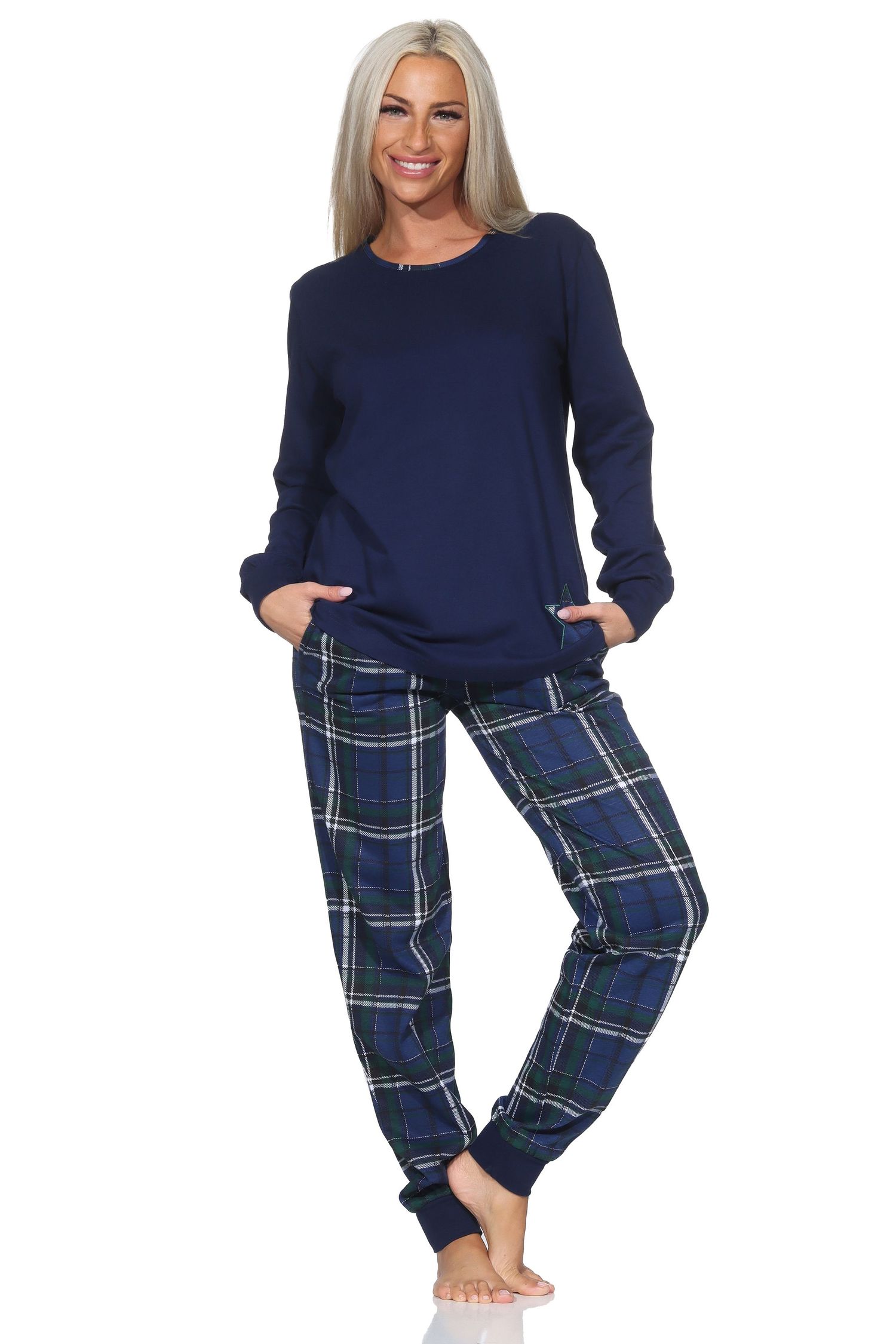Damen Schlafanzug mit Bündchen mit Karohose und Stern als Motiv - auch in Übergrössen