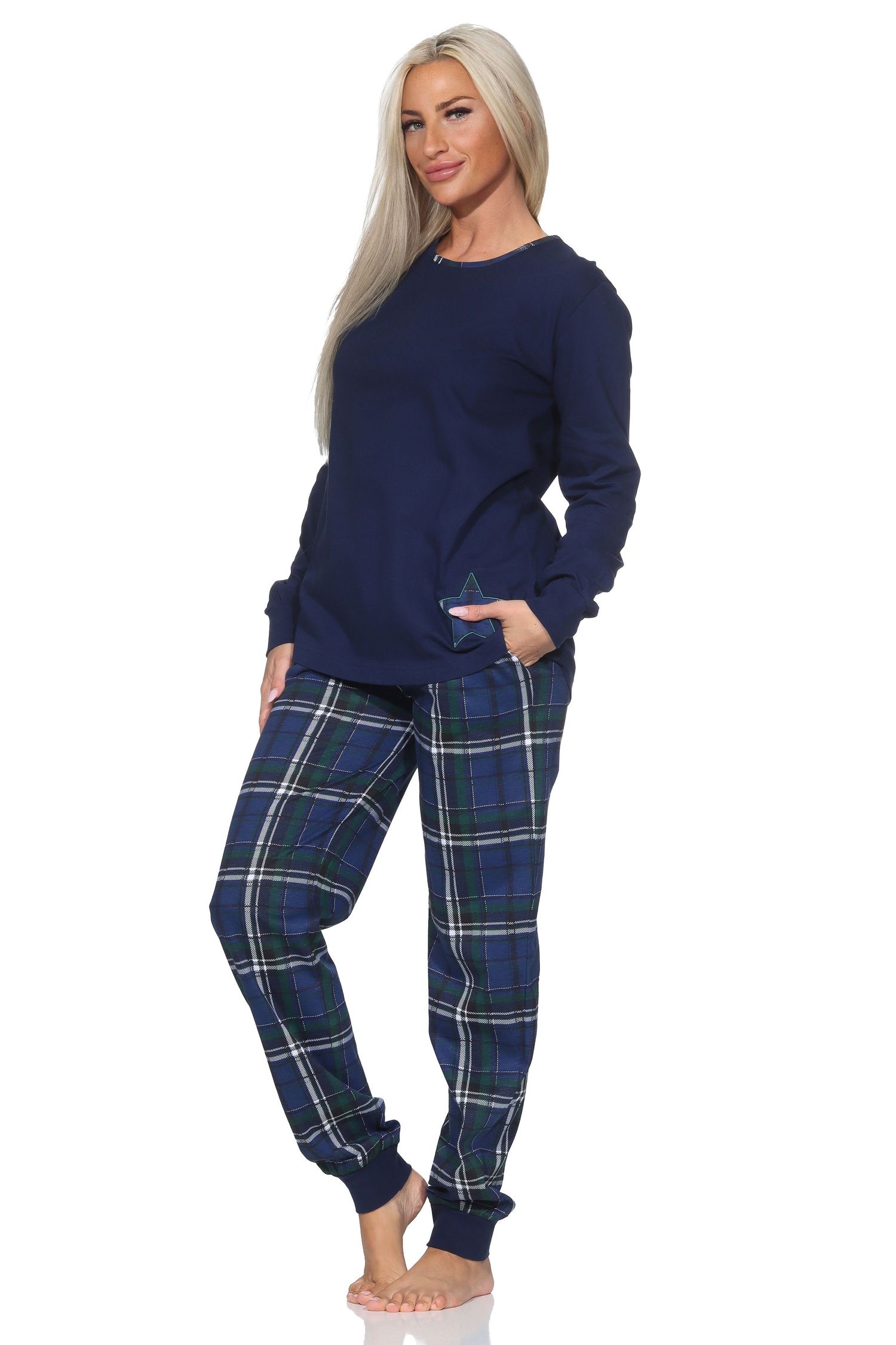 Damen Schlafanzug mit Bündchen mit Karohose und Stern als Motiv - auch in Übergrössen