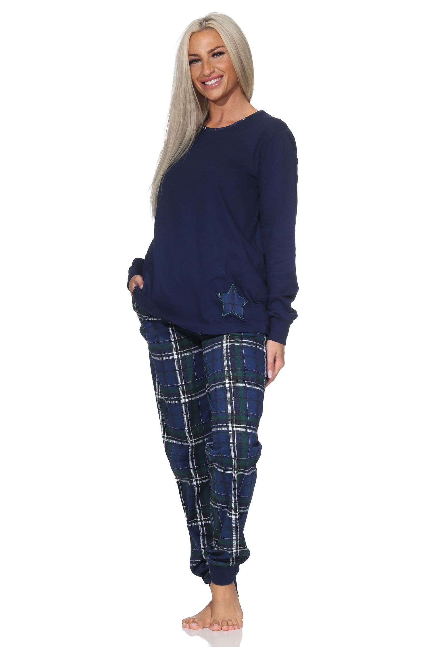 Damen Schlafanzug mit Bündchen mit Karohose und Stern als Motiv - auch in Übergrössen