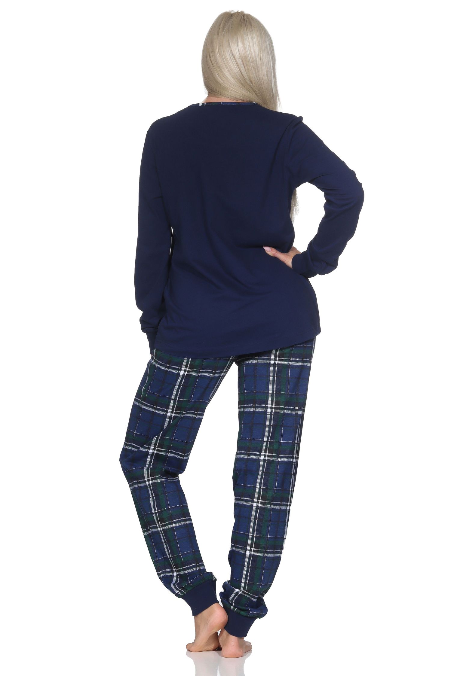 Damen Schlafanzug mit Bündchen mit Karohose und Stern als Motiv - auch in Übergrössen