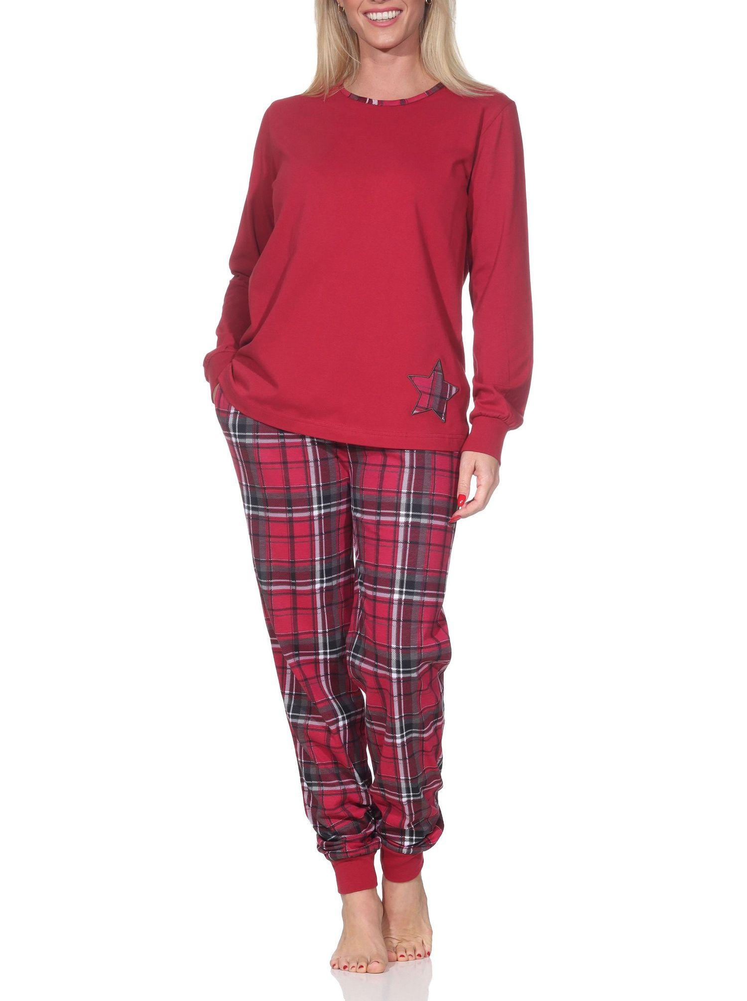 Damen Schlafanzug mit Bündchen mit Karohose und Stern als Motiv - auch in Übergrössen
