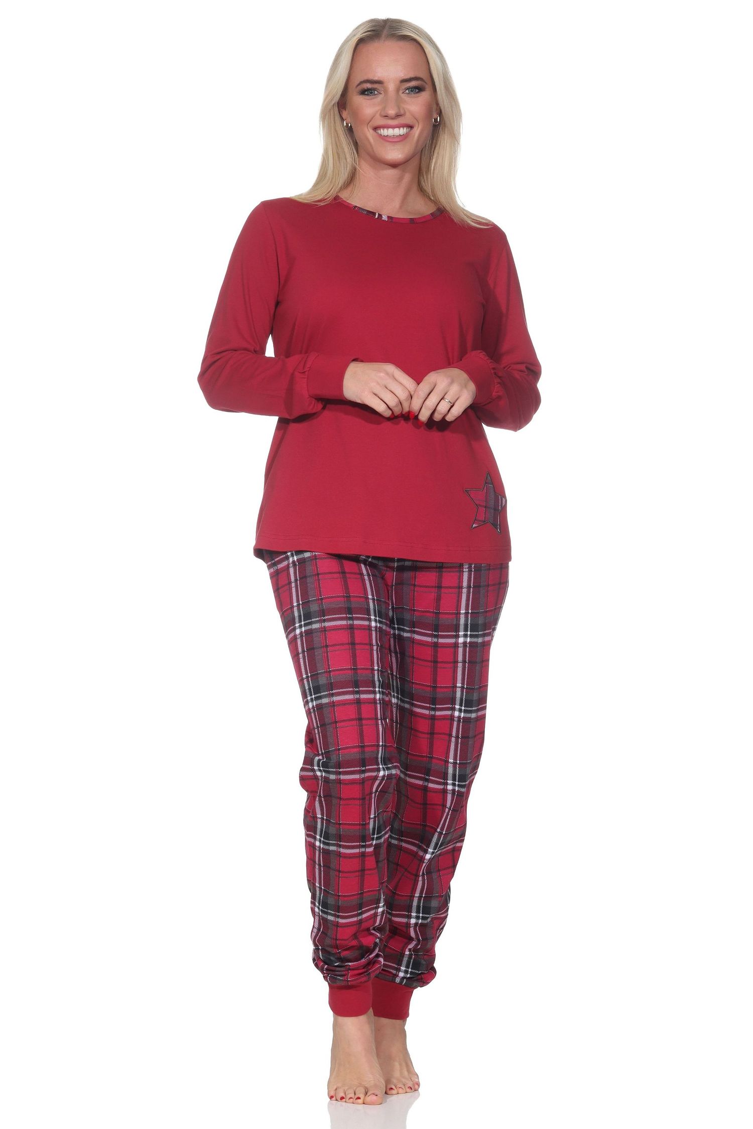 Damen Schlafanzug mit Bündchen mit Karohose und Stern als Motiv - auch in Übergrössen