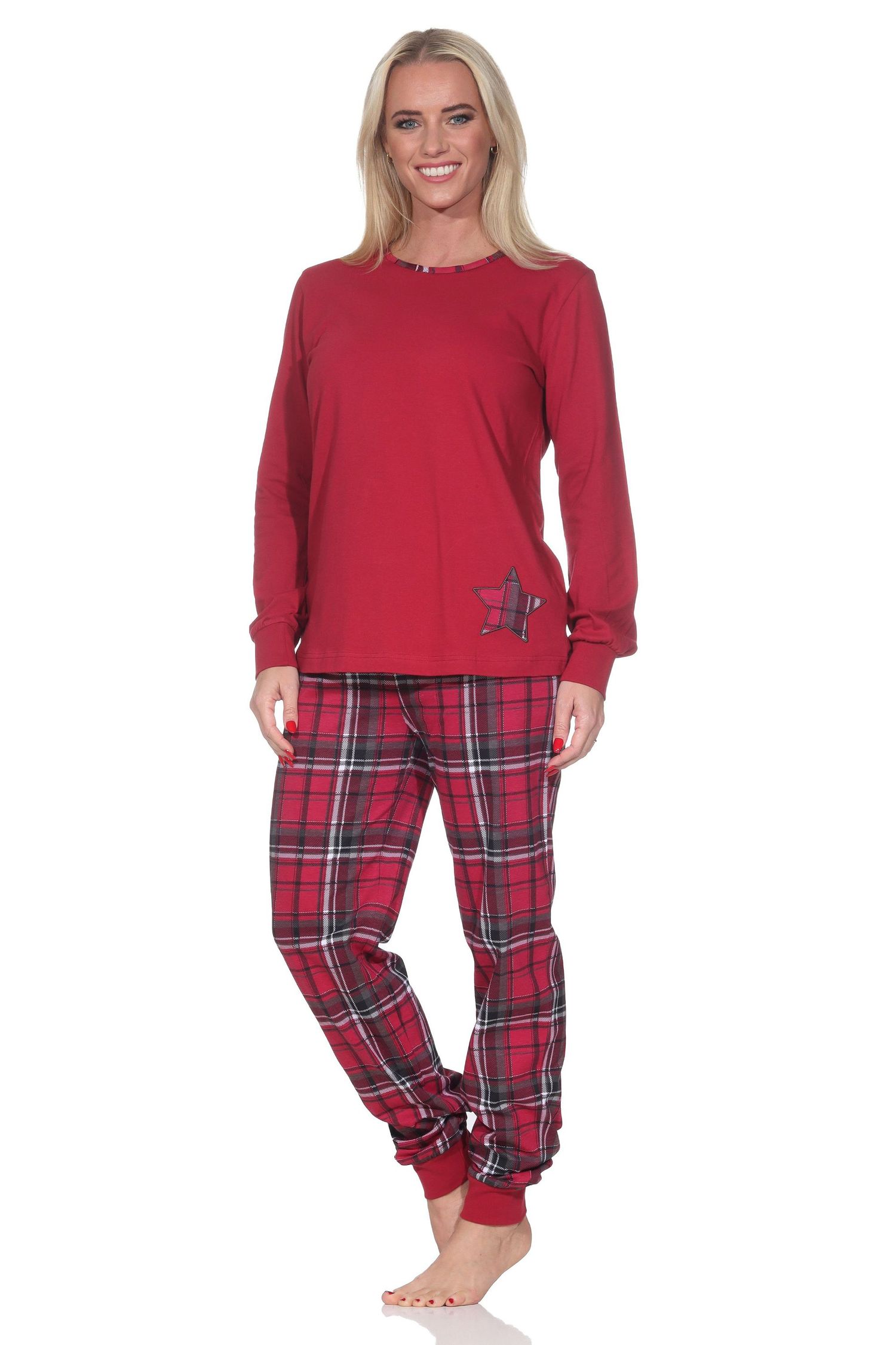 Damen Schlafanzug mit Bündchen mit Karohose und Stern als Motiv - auch in Übergrössen