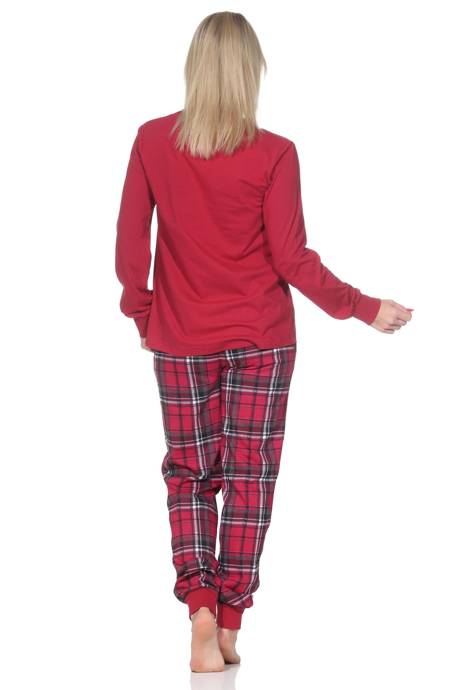 Damen Schlafanzug mit Bündchen mit Karohose und Stern als Motiv - auch in Übergrössen